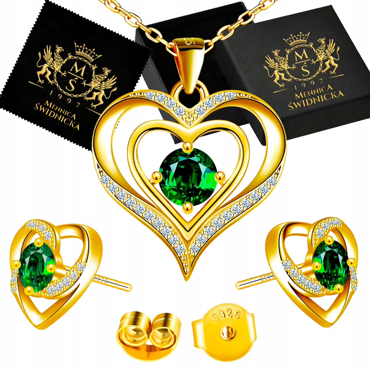 Sada šperků Zlaté stříbro 925 Přívěsek Náušnice Srdce s zirkony