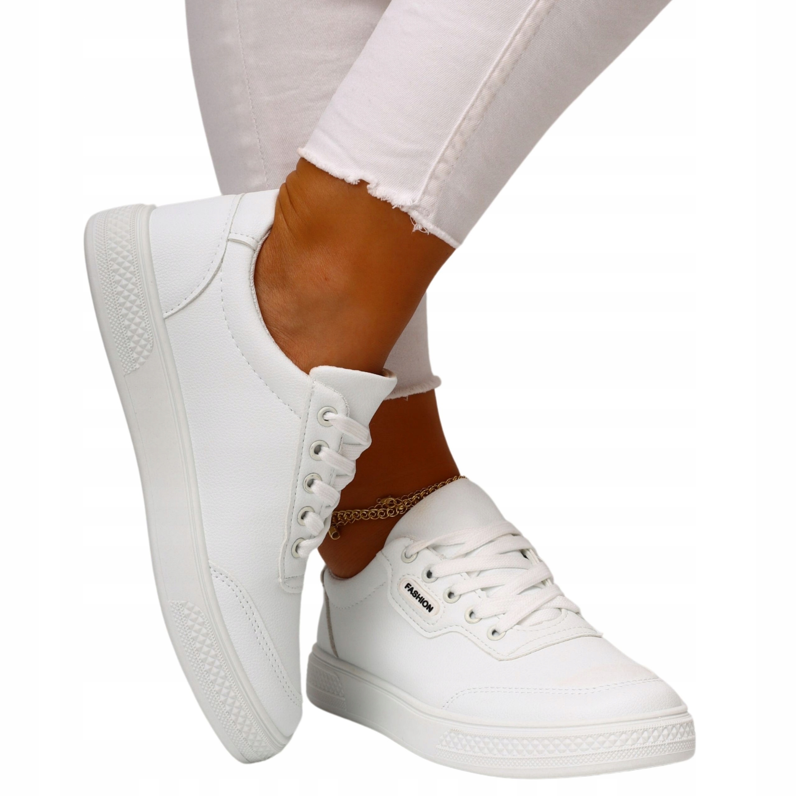 Całe Białe Buty Sportowe Damskie Biały Spód Trampki Wiązane