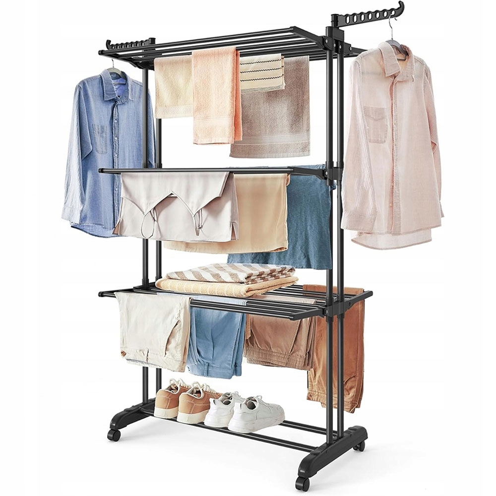 Sušák na prádlo svislý, skládací, 4-úrovňový, na kolečkách, černý