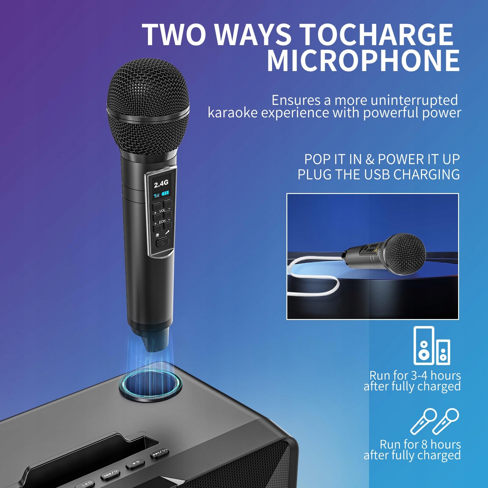 PRZENOŚNE KARAOKE MASZYNA Z GŁOŚNIKIEM BLUETOOTH I 2 MIKROFONAMI — miniatura 5