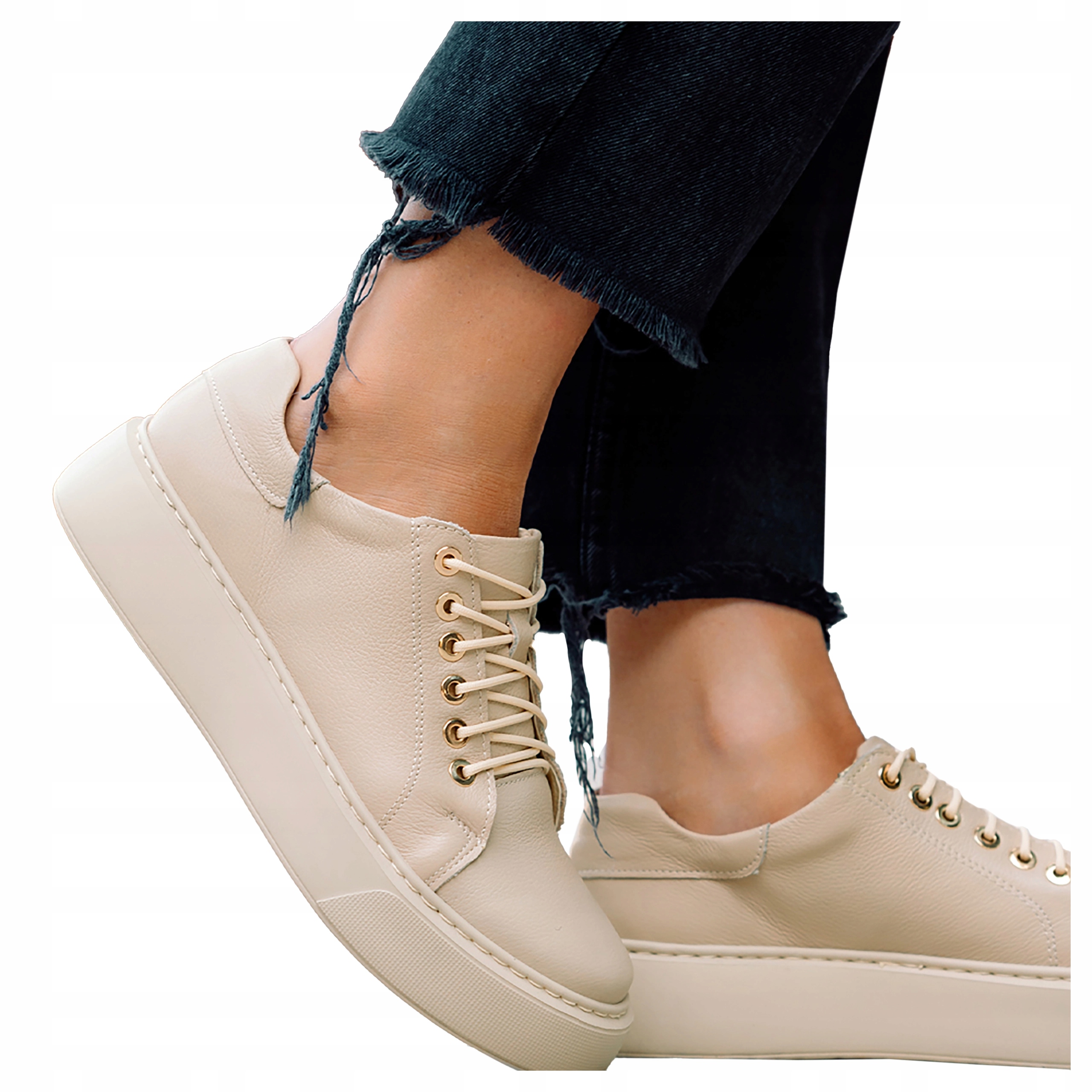 Kožené tenisky Creepersy Dámské Béžové Na Platformě Produkt Polský vel 37