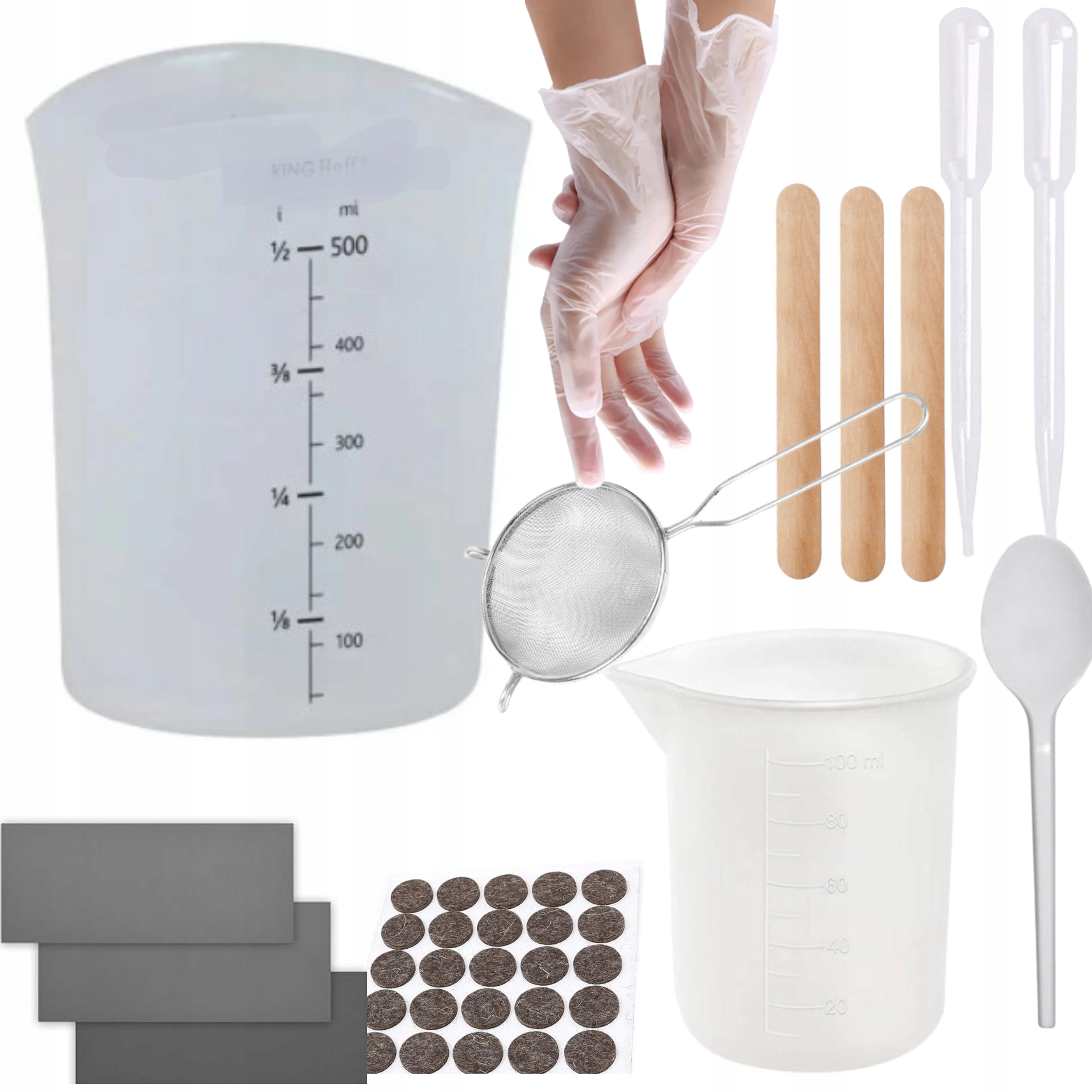 AKCESORIA DO GIPSU POLIMEROWEGO DIY KUBKI SILIKONOWE PAPIER ŚCIERNY SITKO