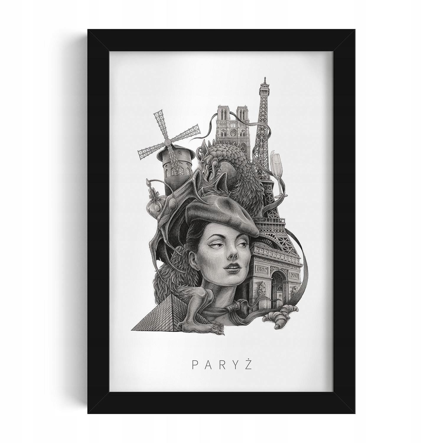 Obraz nástěnná dekorace Černobílá Paříž Eiffelova věž Moulin Rouge 20x30