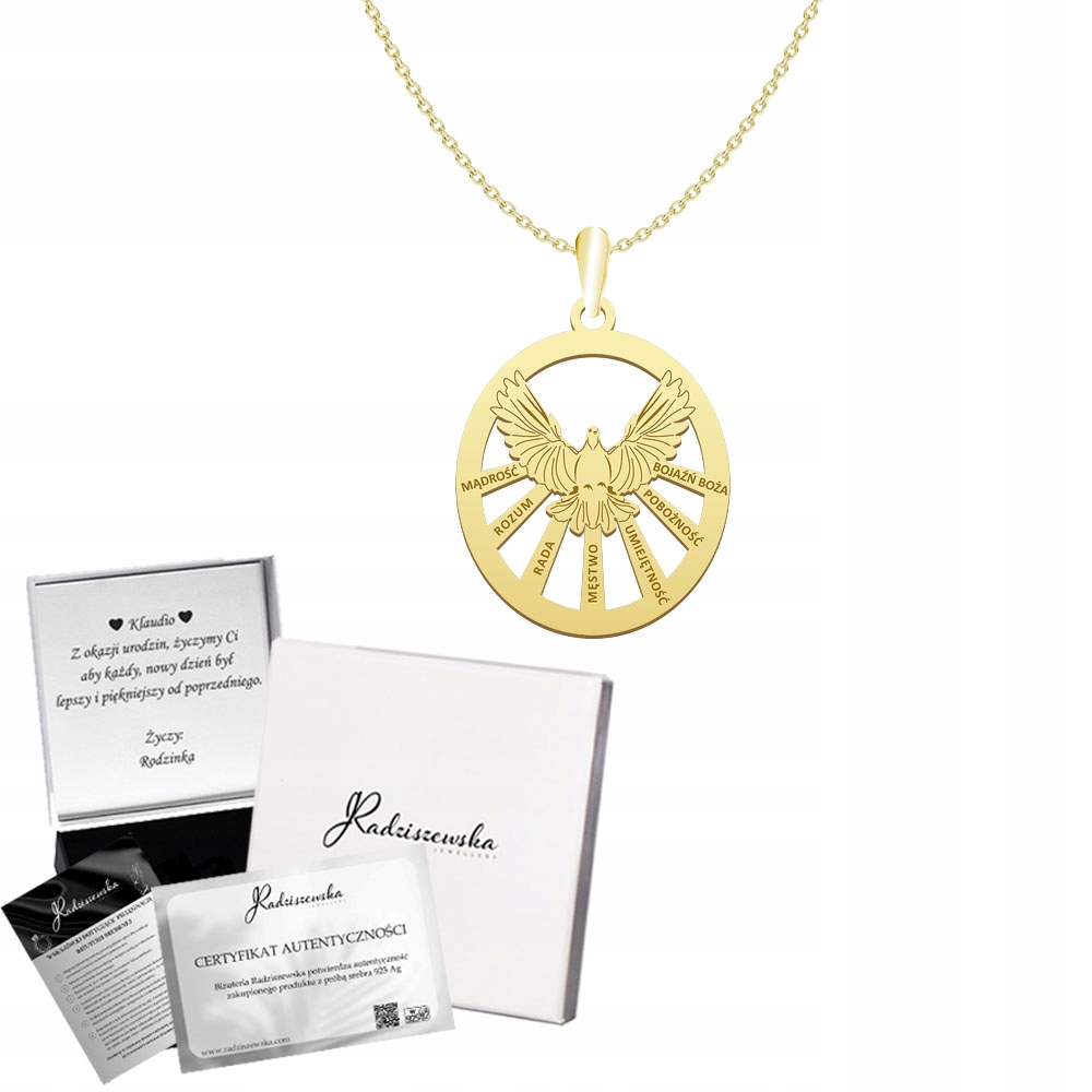 Zlatý náhrdelník s Duchem svatým Pancíř 925 Dárek Biřmování Gravírování