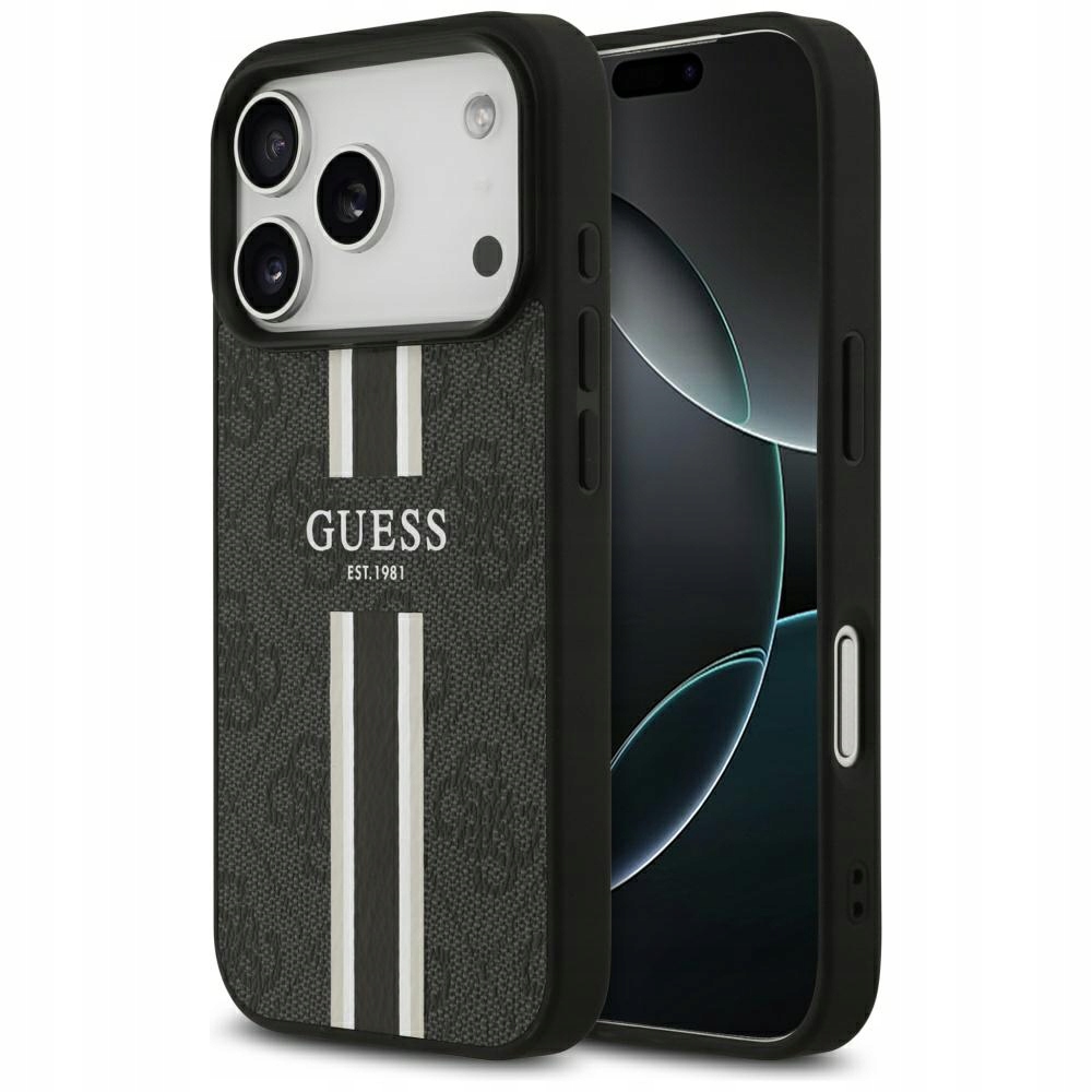 Pouzdro Guess 4G Printed Stripes MagSafe pro iPhone 17 Pro, černé