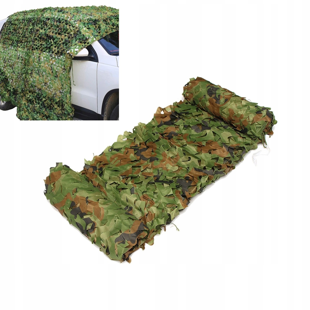 Wojskowa siatka maskująca 6x8 m Woodland – kamuflaż 3D z linkami mocującymi