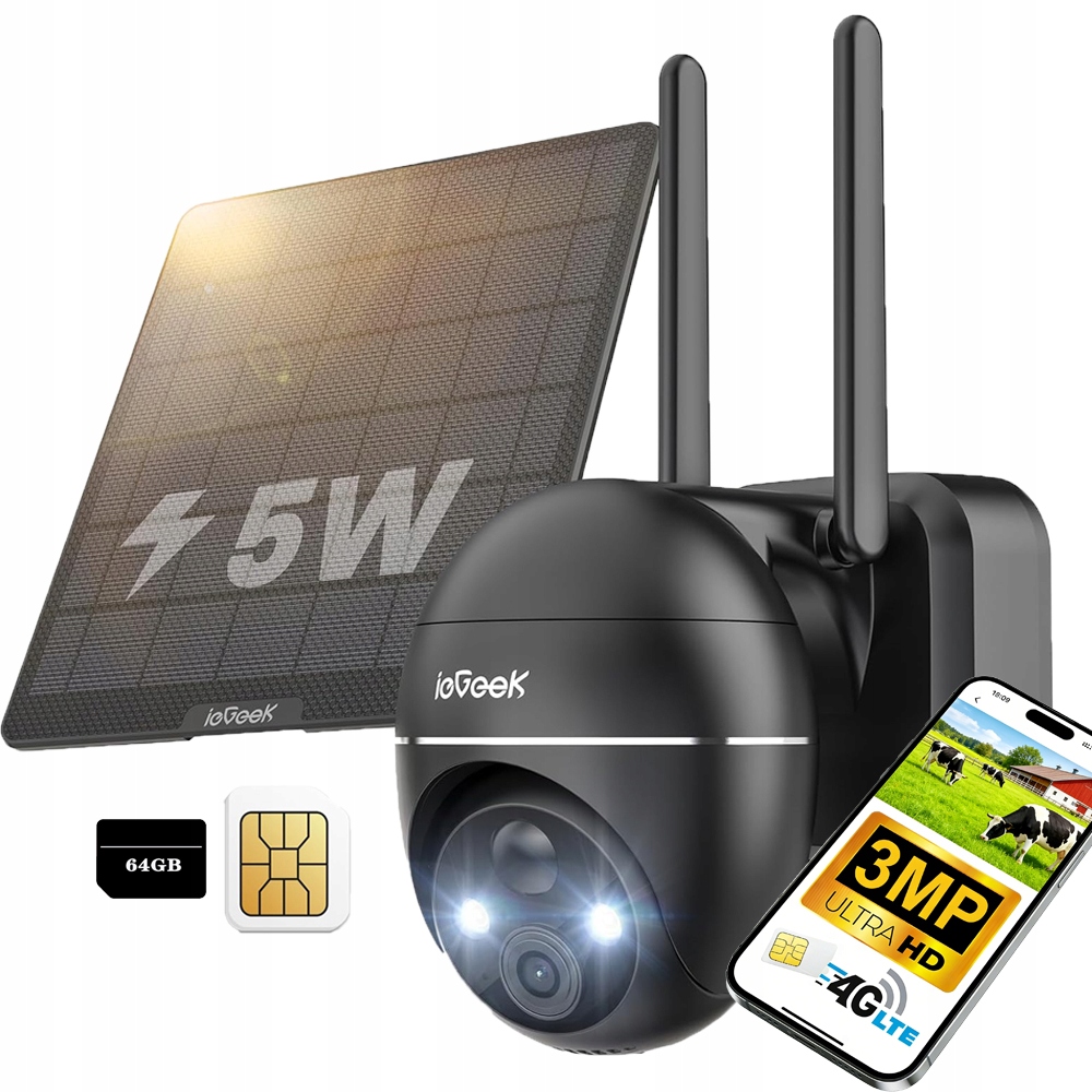 Venkovní solární kamera 2K se dvěma objektivy 3MP Sim karta 4G Lte s 64GB kartou