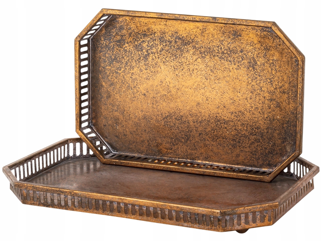 Antik Set Dvě Zlaté Kovové podnosy 4x40x28 cm a 4x35x23 cm