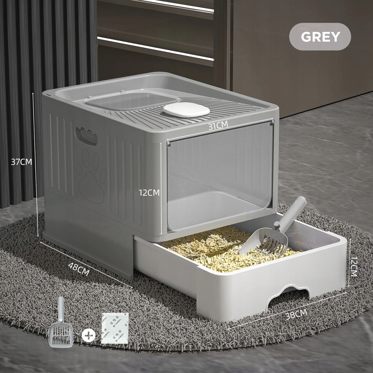 Levně Aidog Krytá Kočičí Toaleta s výsuvnou zásuvkou 48×37×38 cm – šedá, bez zápachu