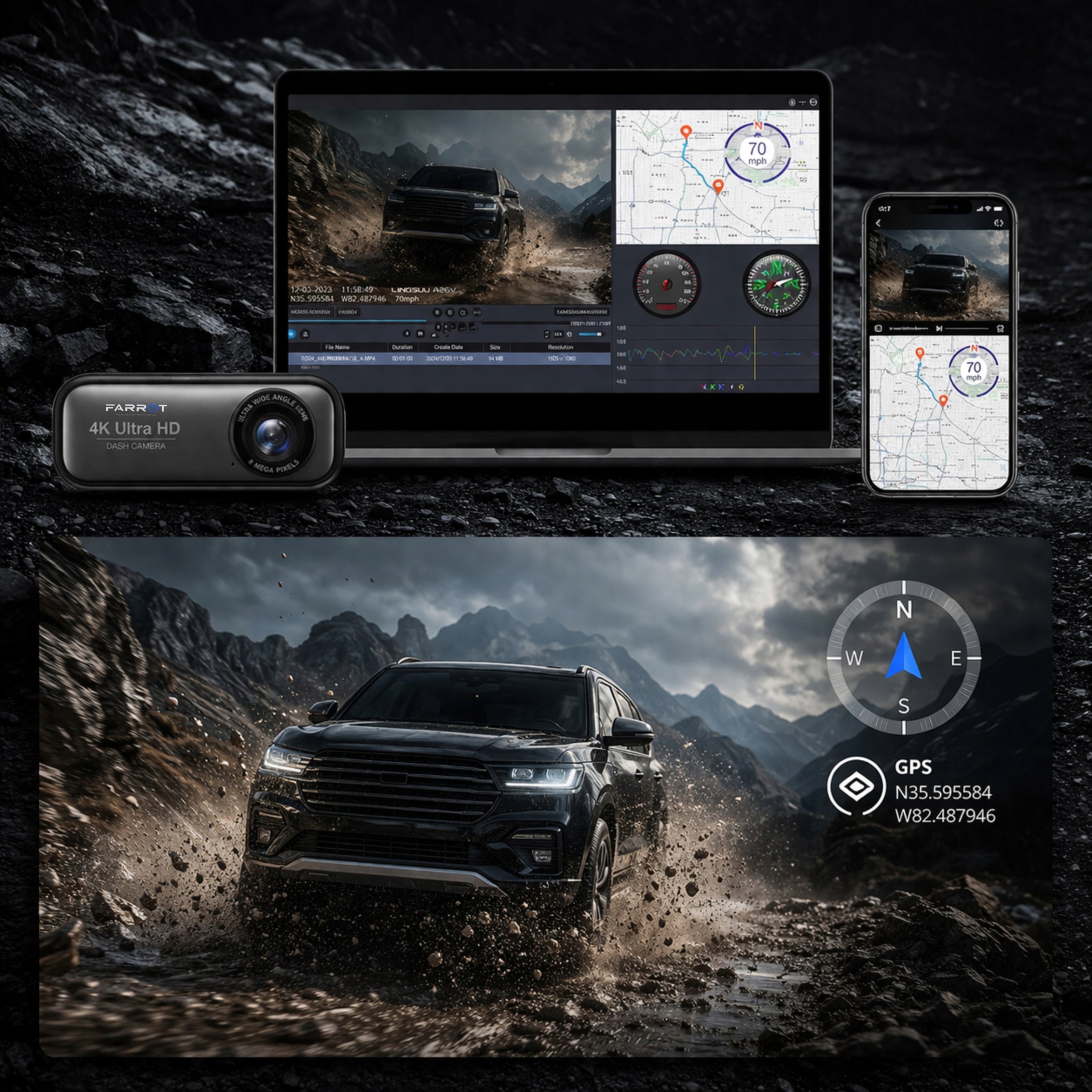 Wideorejestrator Samochodowy 4K UHD Przód Wifi GPS Tył Full HD Kamera auto