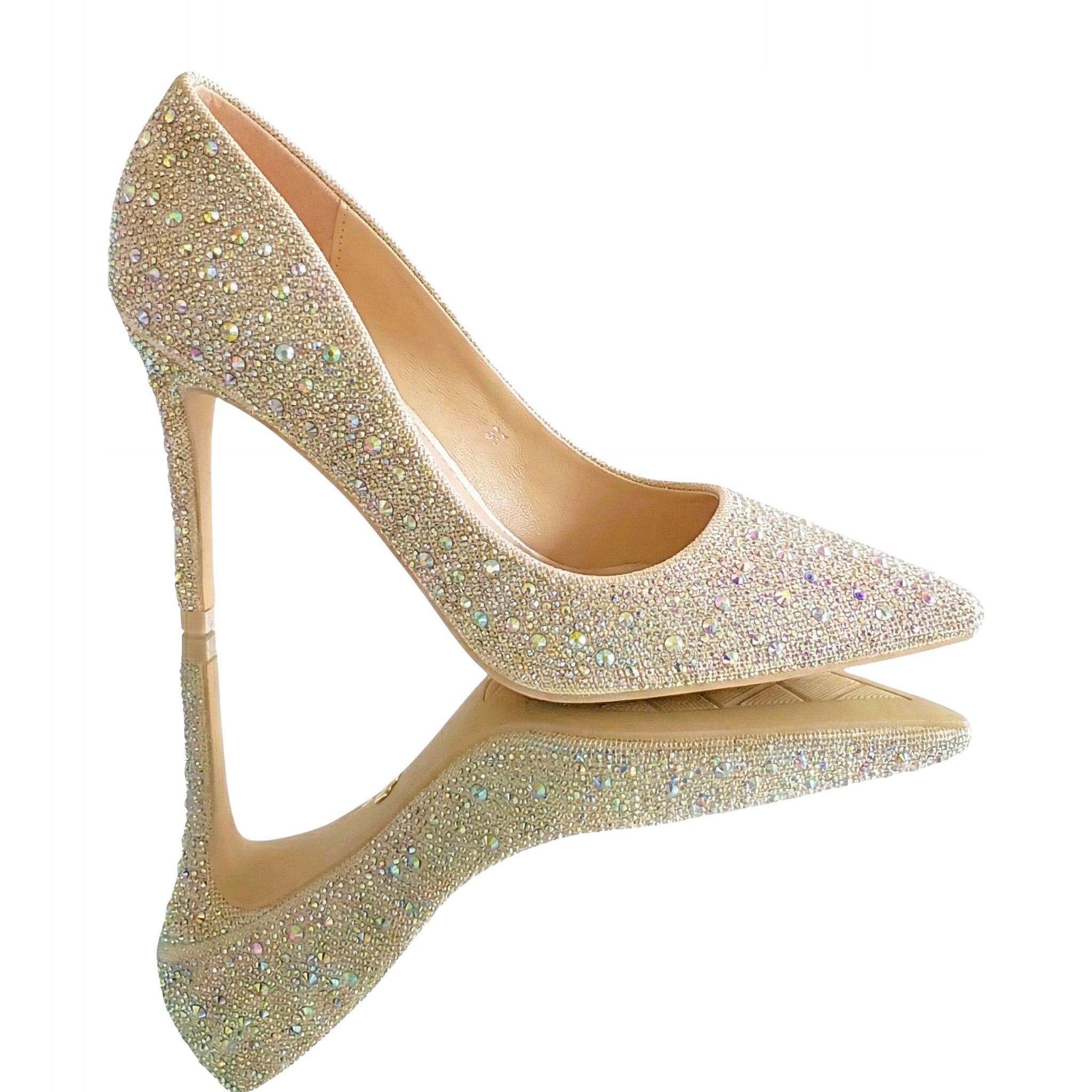 Złote Czółenka Buty Szpilki Brokat Opalizujące Cyrkonie 38