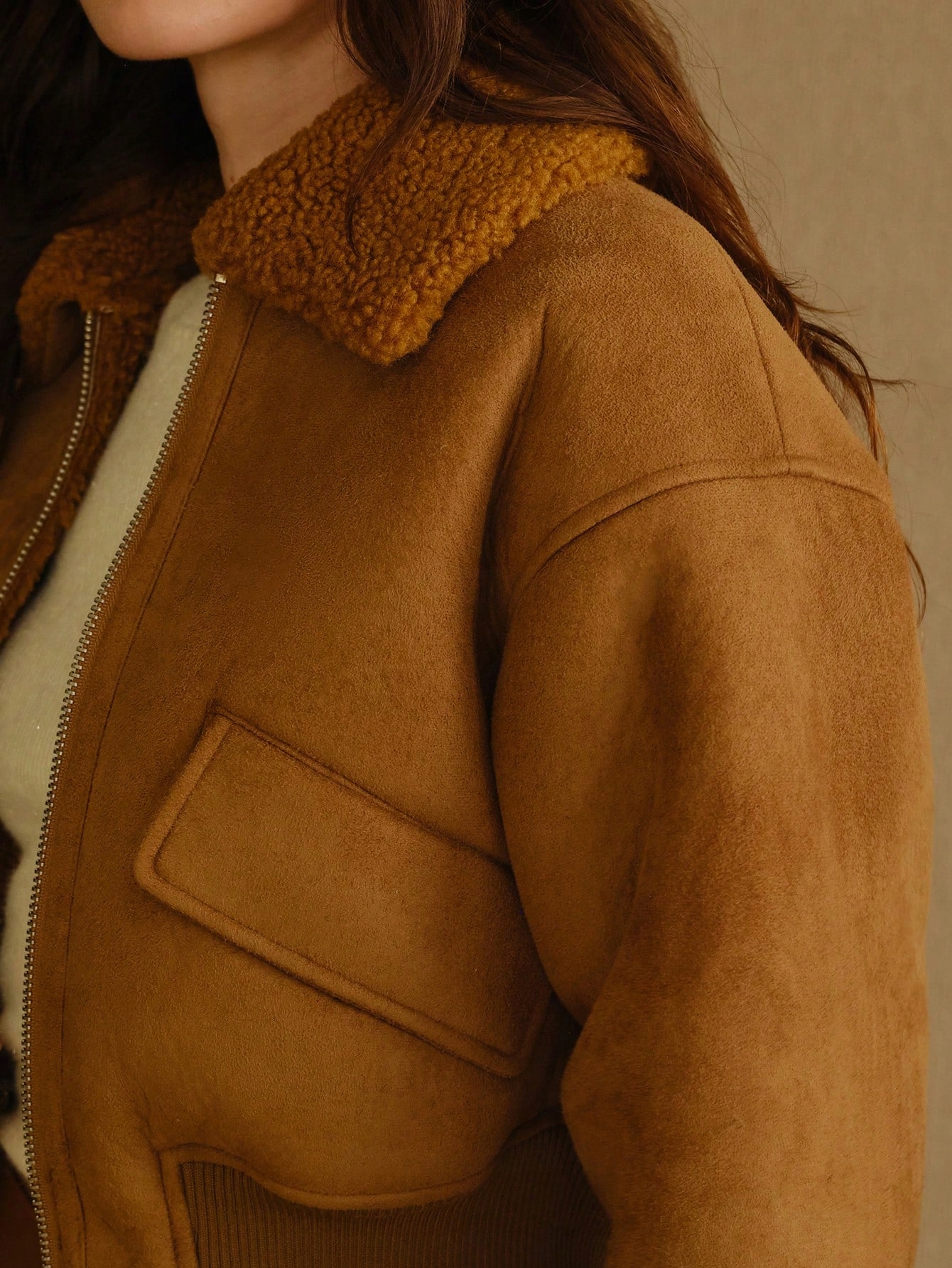 Dámský Semišový Kožich Stylový Módní Bomber Hnědý Prémiový Motf L 40