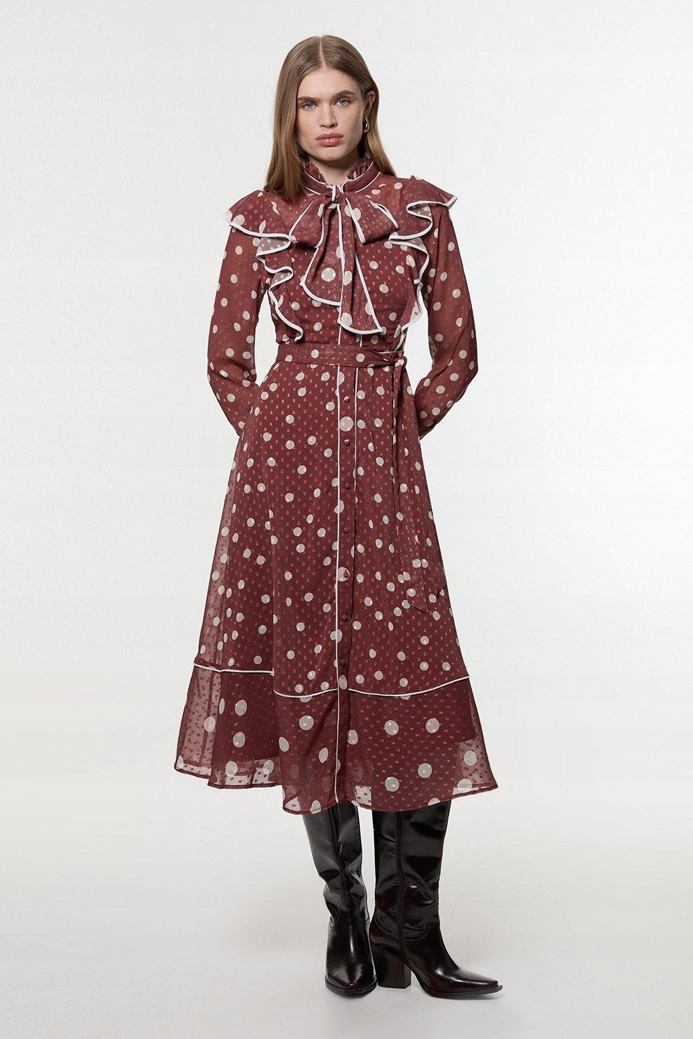 XC24103 Karen Millen Šaty MIDI S Puntíky A Volánky (52) M