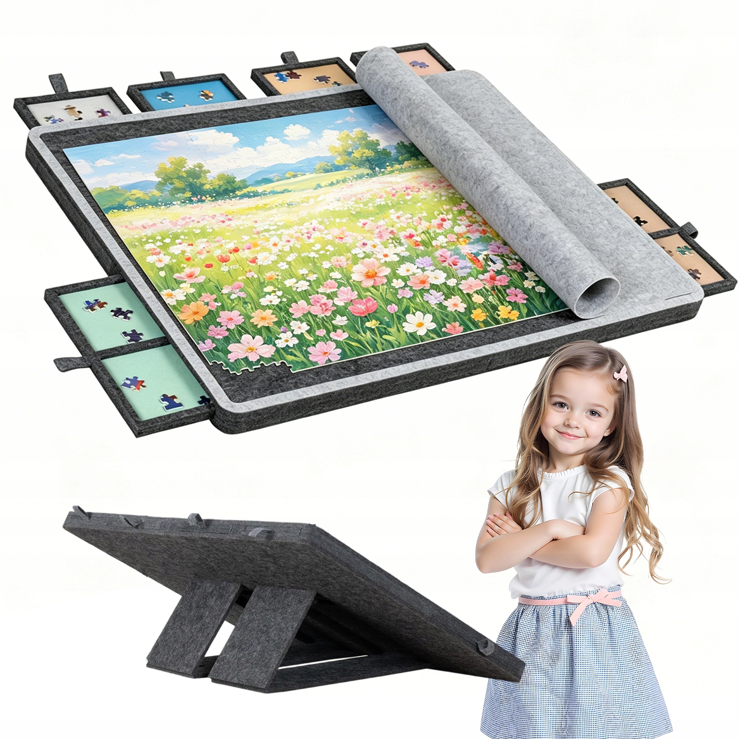 PLANSZA DO PUZZLI Z FILCU 80X60CM 6 KOLOROWYCH SZUFLAD PODSTAWKA 3 KĄTY