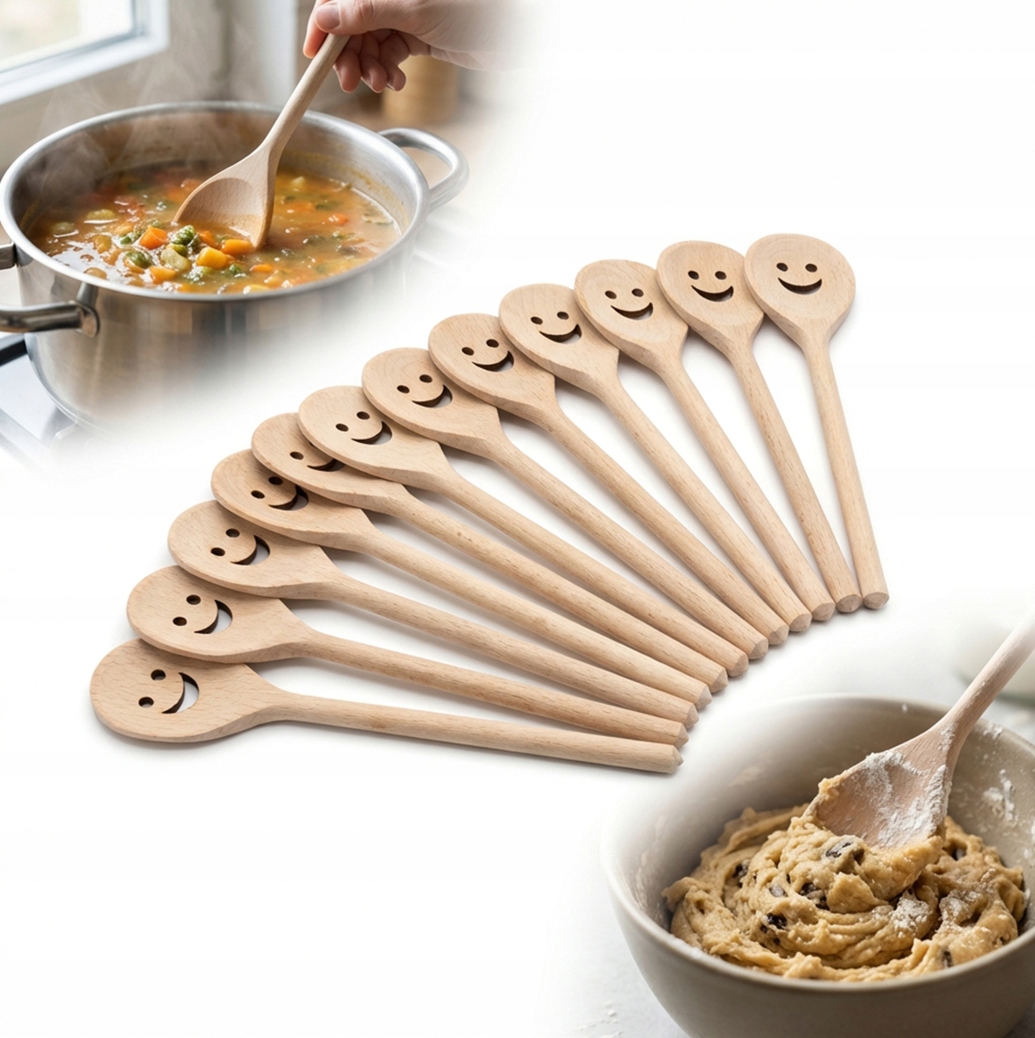 Sada 50 ks dřevěných Bukových Lžiček 20 cm – s výřezem „úsměv“