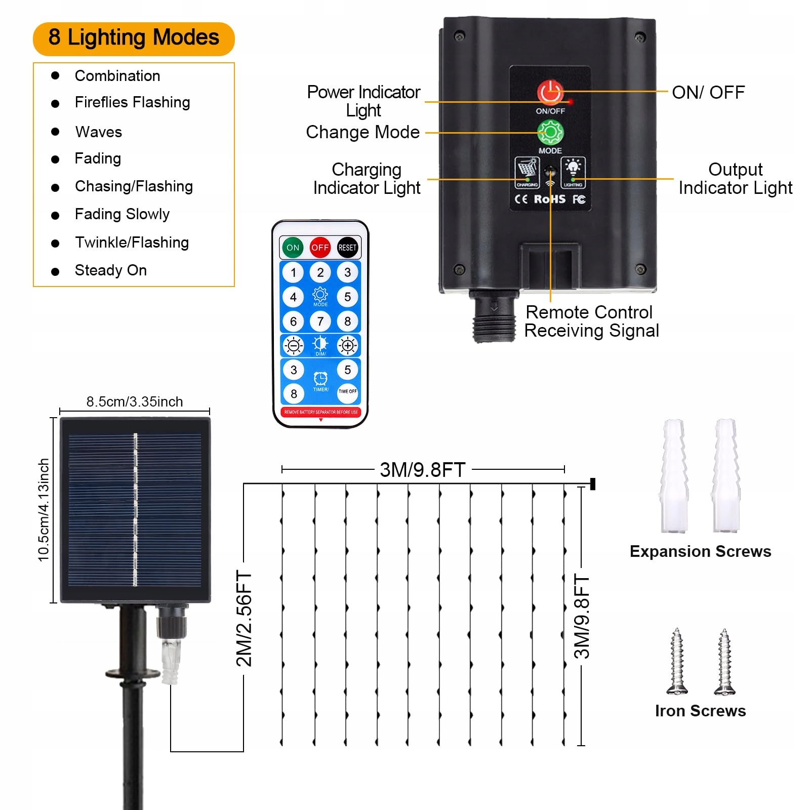 JIMACRO Kurtyna Świetlna Solarna Wodoodporna Grilanda 3x3M 300 LED 8 Trybów — miniatura 6