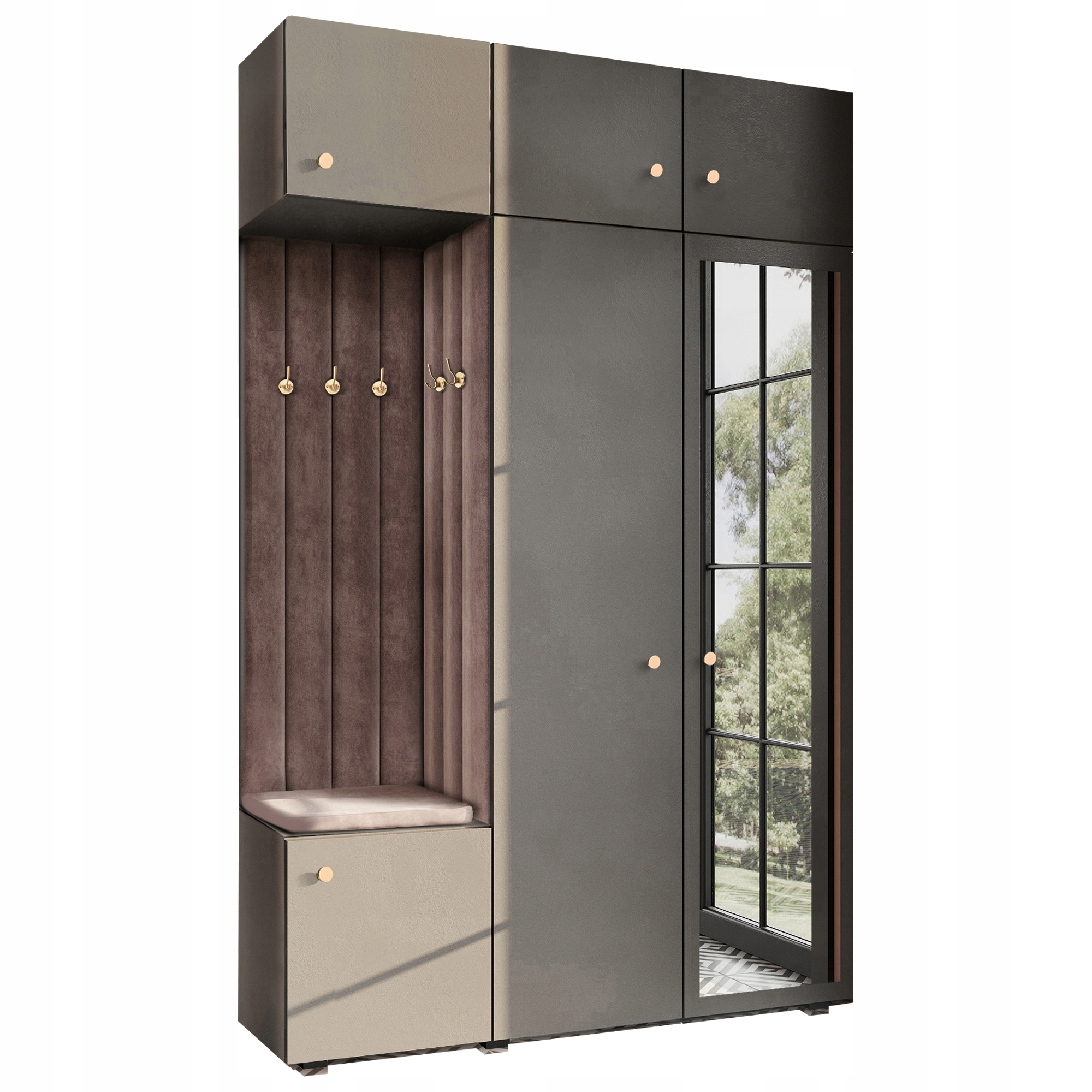 Šatna Do Předsíně Sedák Se Zrcadlem Šedá Knoflíková Zlatá 87