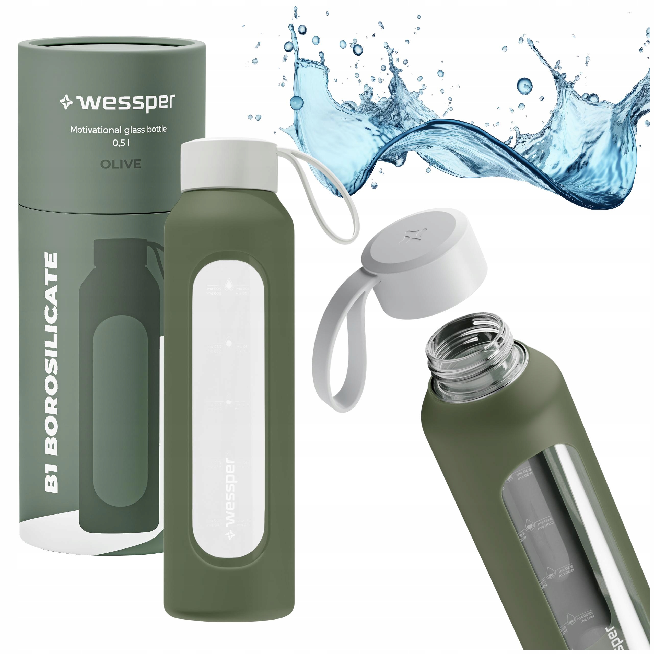 Wessper B1 butelka szklana bidon wielorazowy na wodę 500ml z miarką