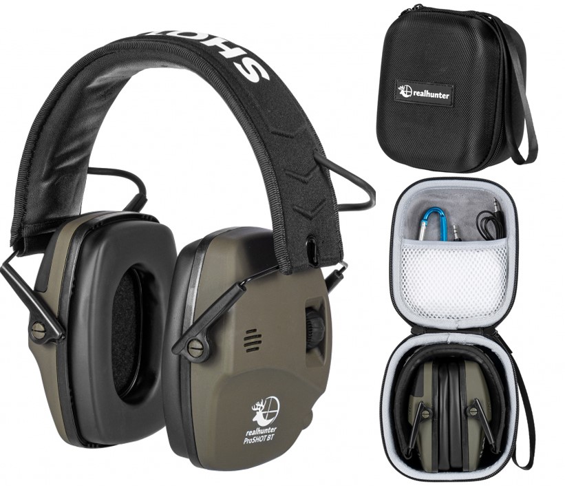 RealHunter Słuchawki Ochronniki Słuchu Aktywne Strzelnicę Olive ProSHOT Bt