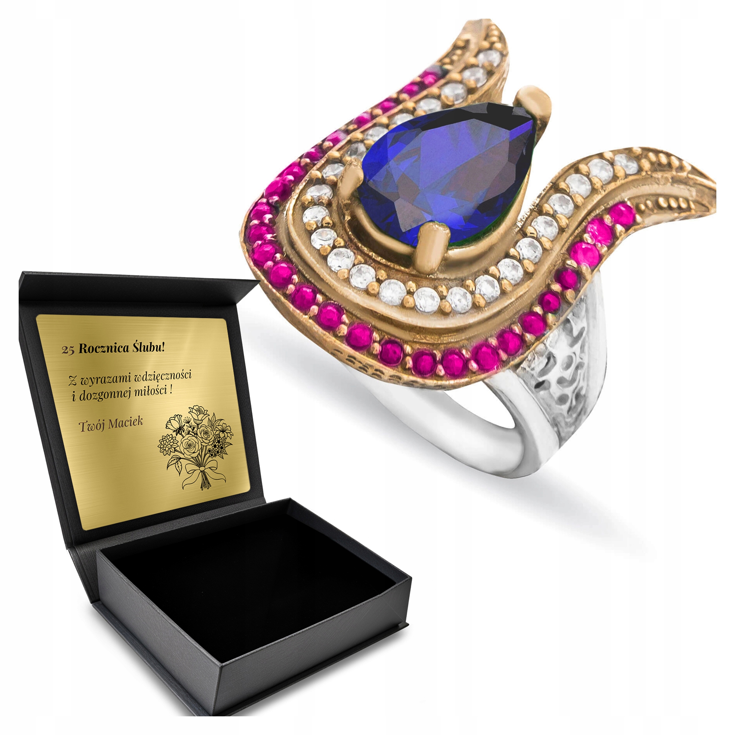 Prstýnek 925 Zirkony Safír Dárek Na Valentýna Gravírování Bonus