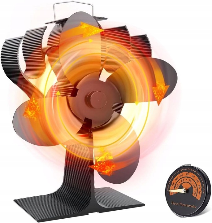 Krbový ventilátor 6 lopatek Tichý černý Napájený teplem Teploměr