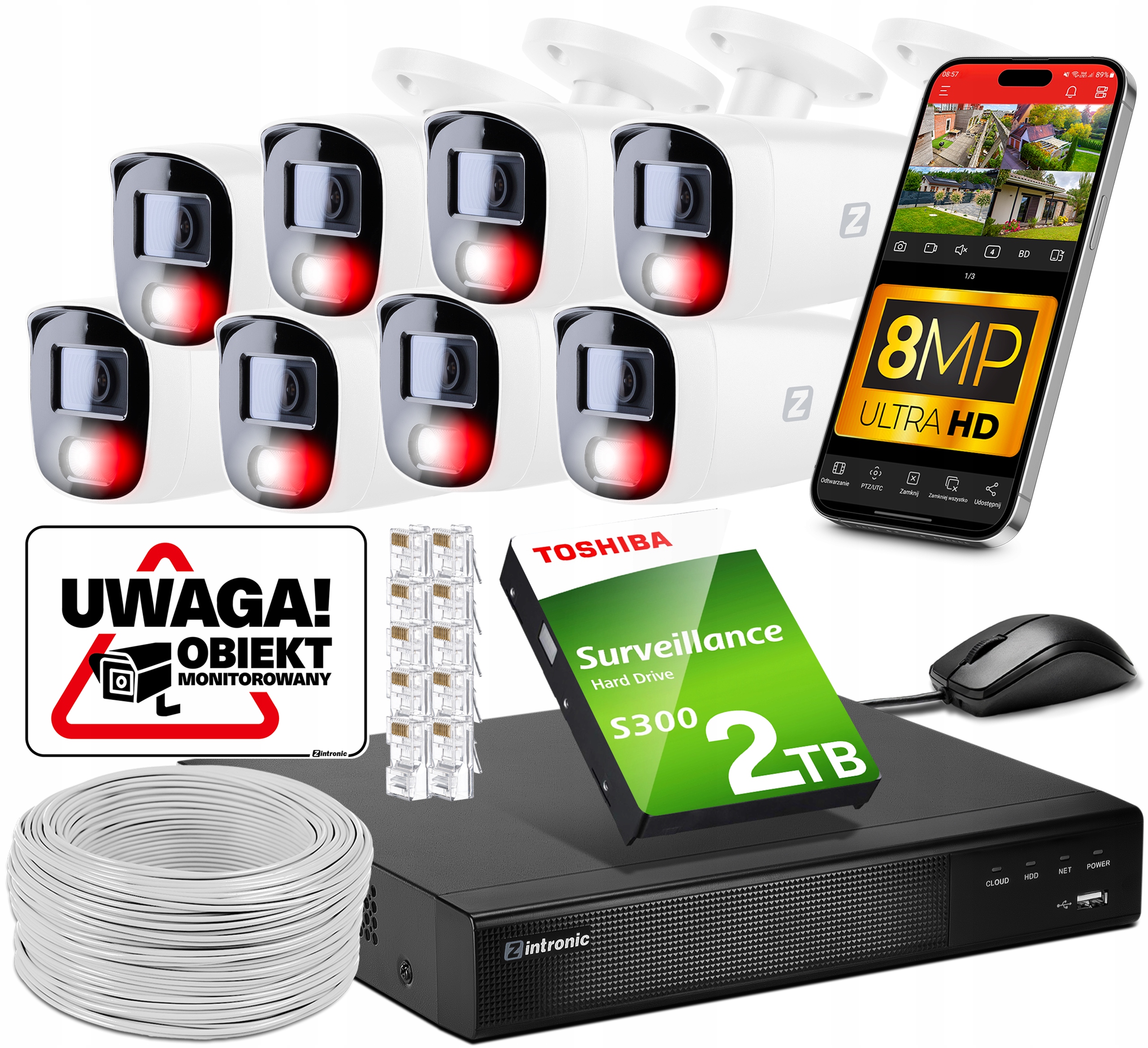 Monitorovací sada 8 kamer 4K 8MPx Poe Záznamník Audio Detekce 2TB