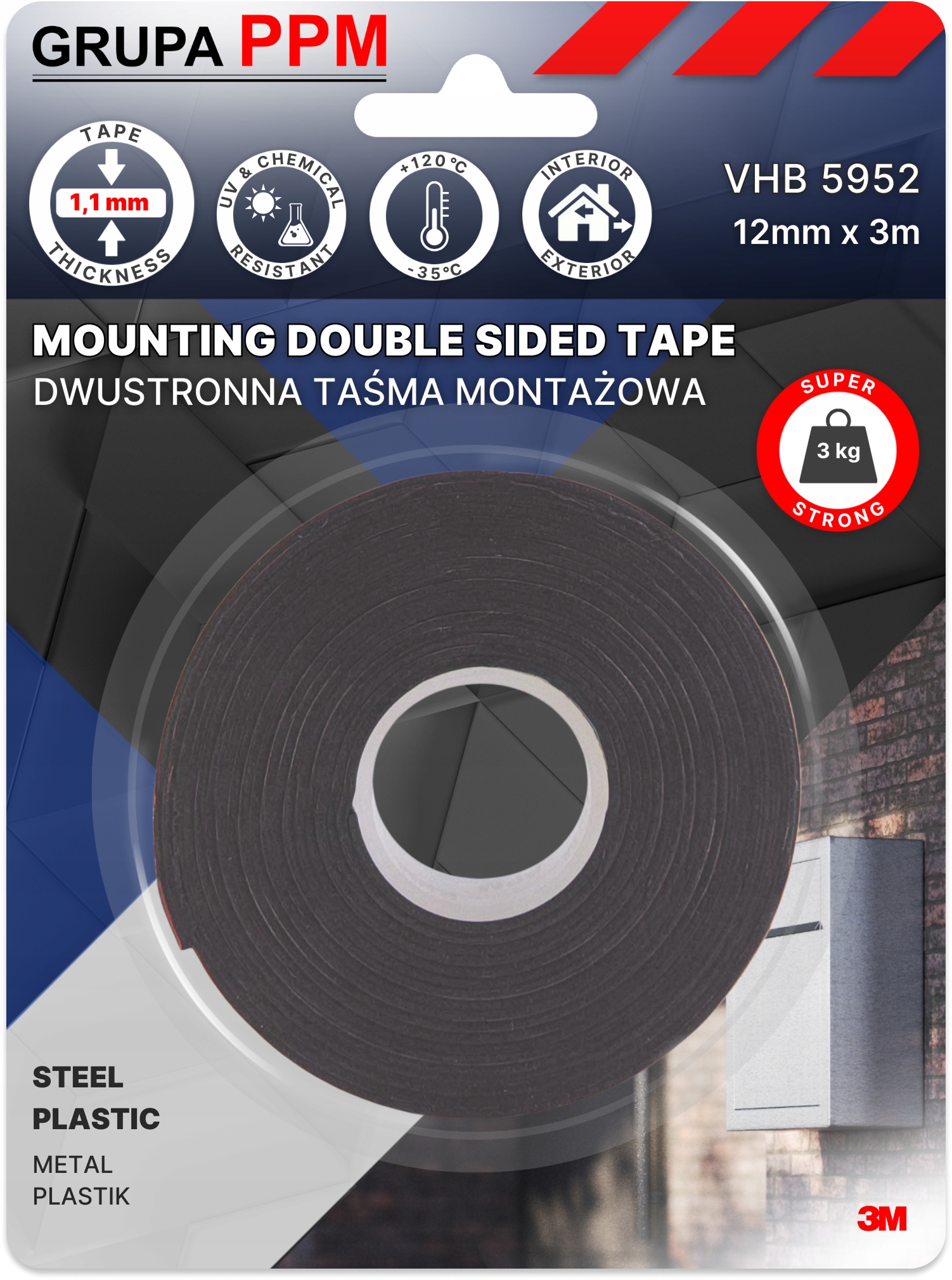 PPM 3M 5952 12MMX3M DWUSTRONNA TAŚMA MONTAŻOWA 1,1MM CZARNA METAL PLASTIK