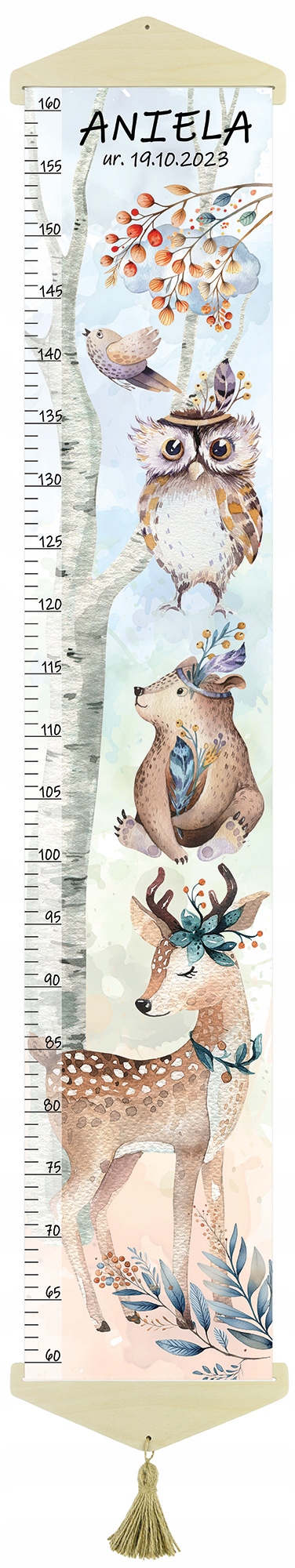 Miarka wzrostu dla dzieci na PŁÓTNIE Zwierzęta leśne II białe tło Imię Data Marka inna marka