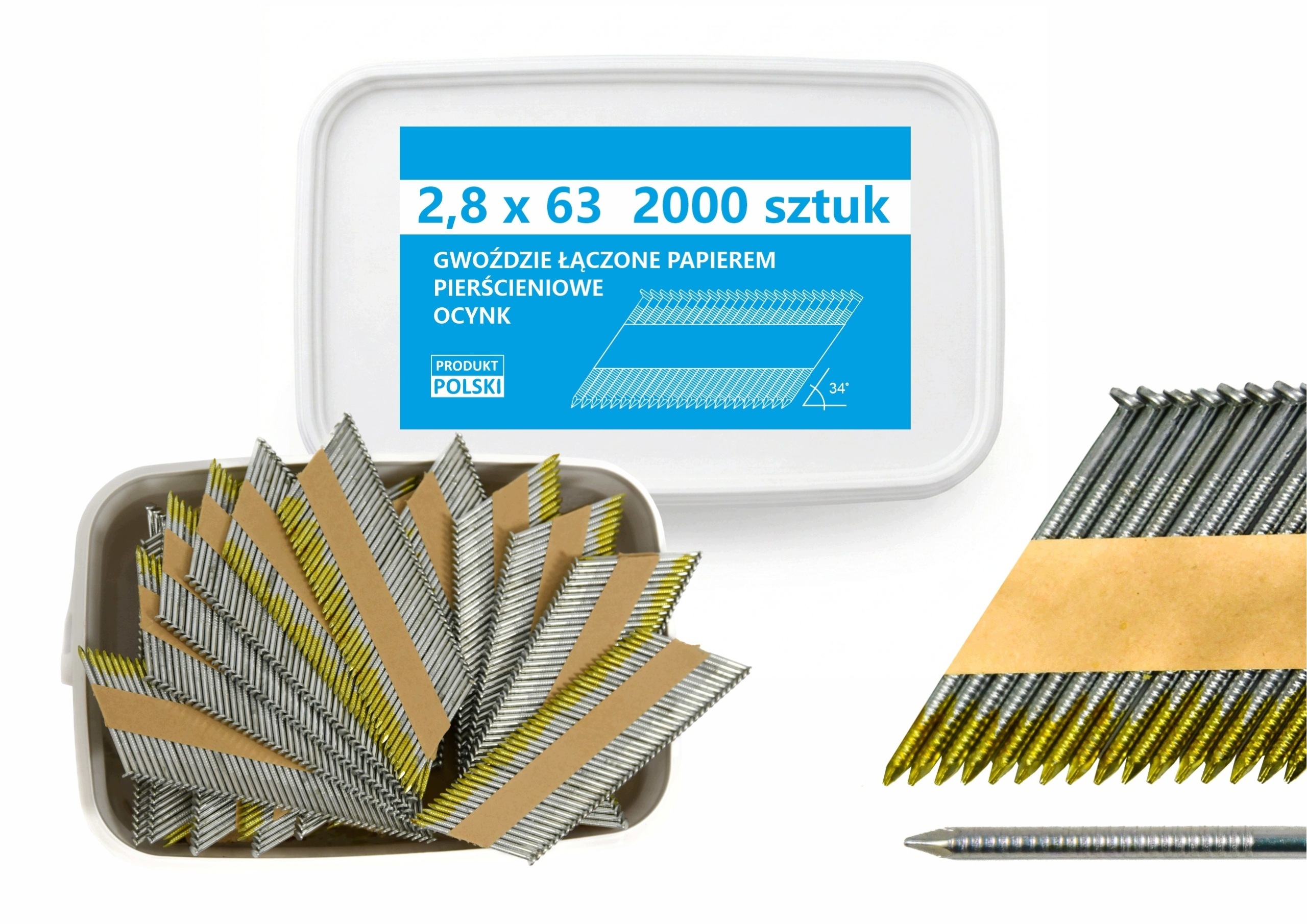 Hřebíky do hřebíkovačky spojované papírem 2,8x63mm 34° 2000ks Pozink P.