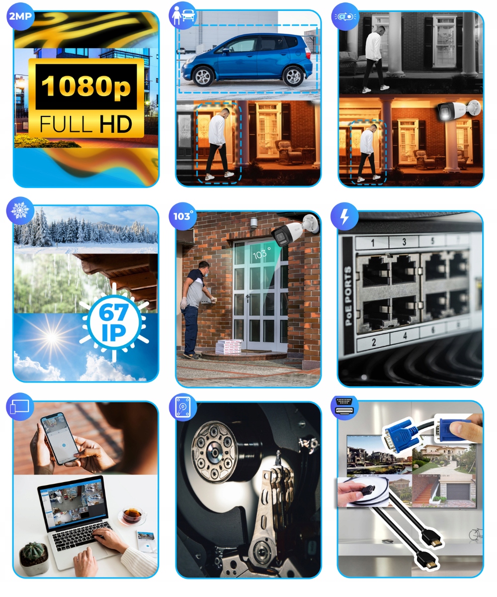 Monitoring domu Hikvision HILook 4 kamery zewnętrzny detekcja ludzi AI Model IPCAM-B2-30DL HiLook Series