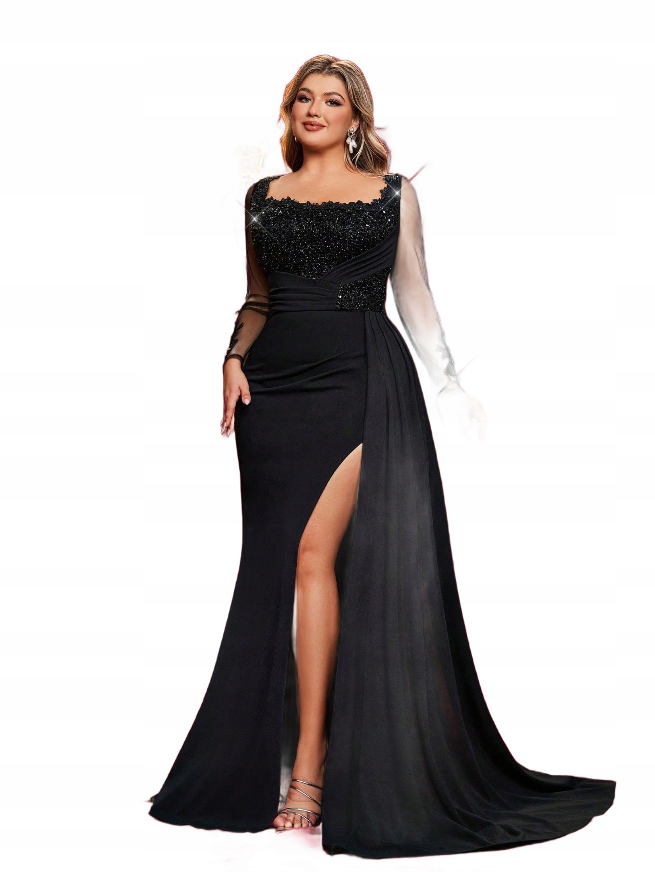 Černé Šaty S Flitry A Tylem Plus Size 46 1LA