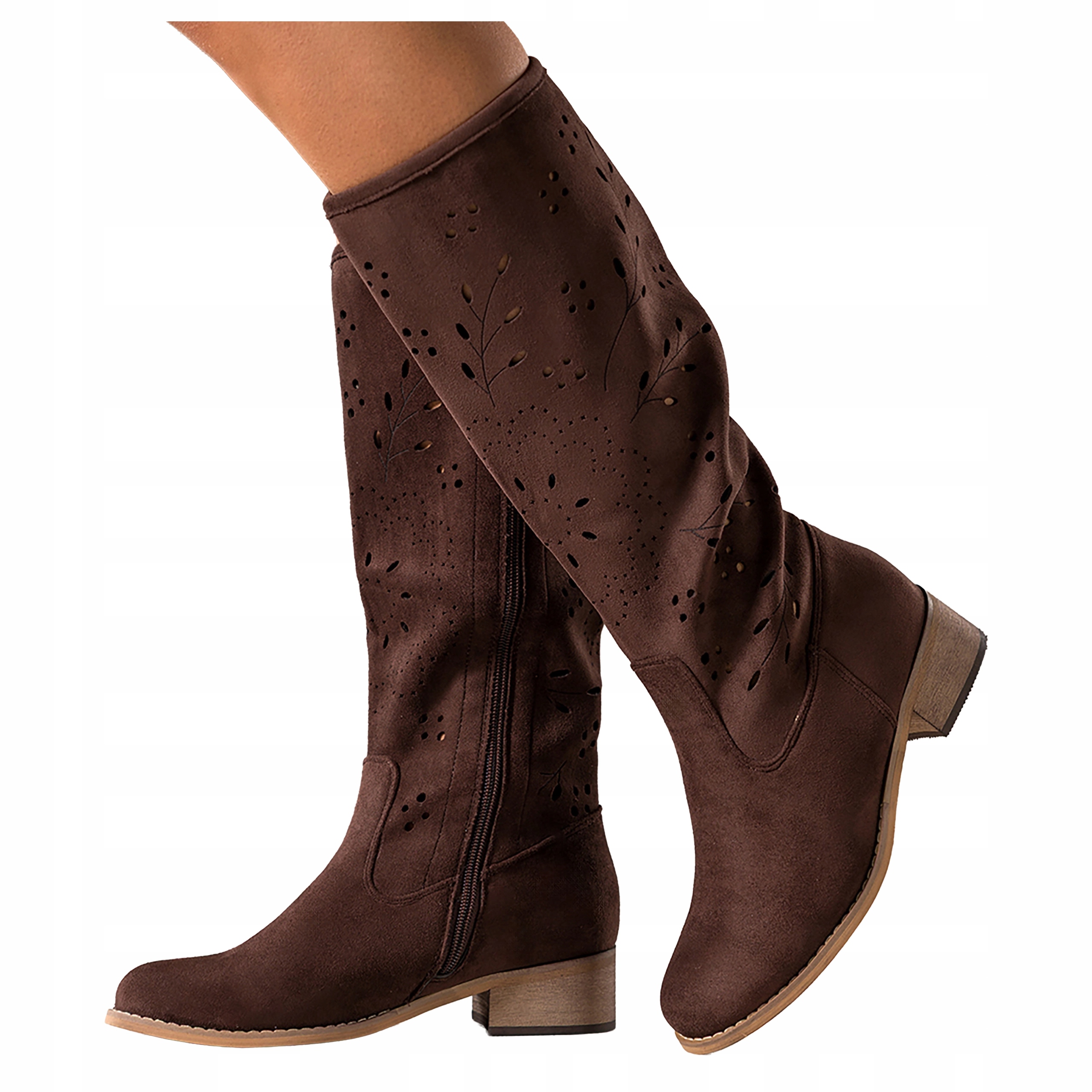 Dámské čokoládové kozačky Ažurová Svršek Pohodlné Semišové Modní vel. 39