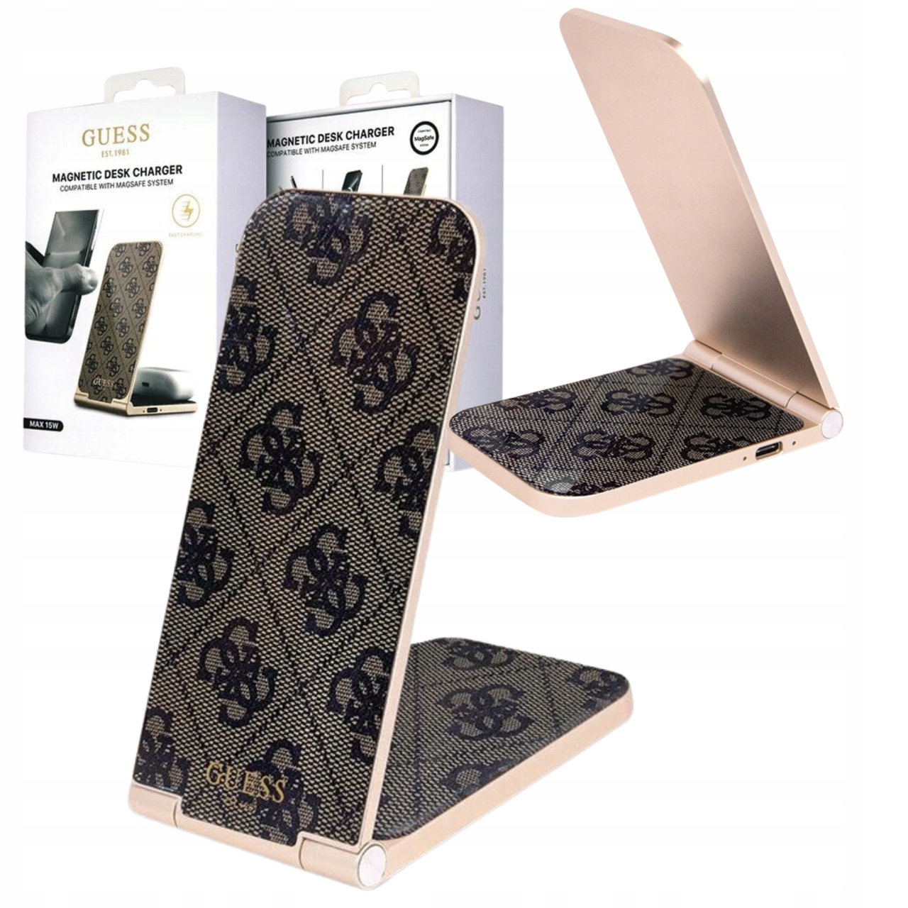 Składana ładowarka indukcyjna Guess 4G Pattern 2w1 15W do MagSafe i AirPods