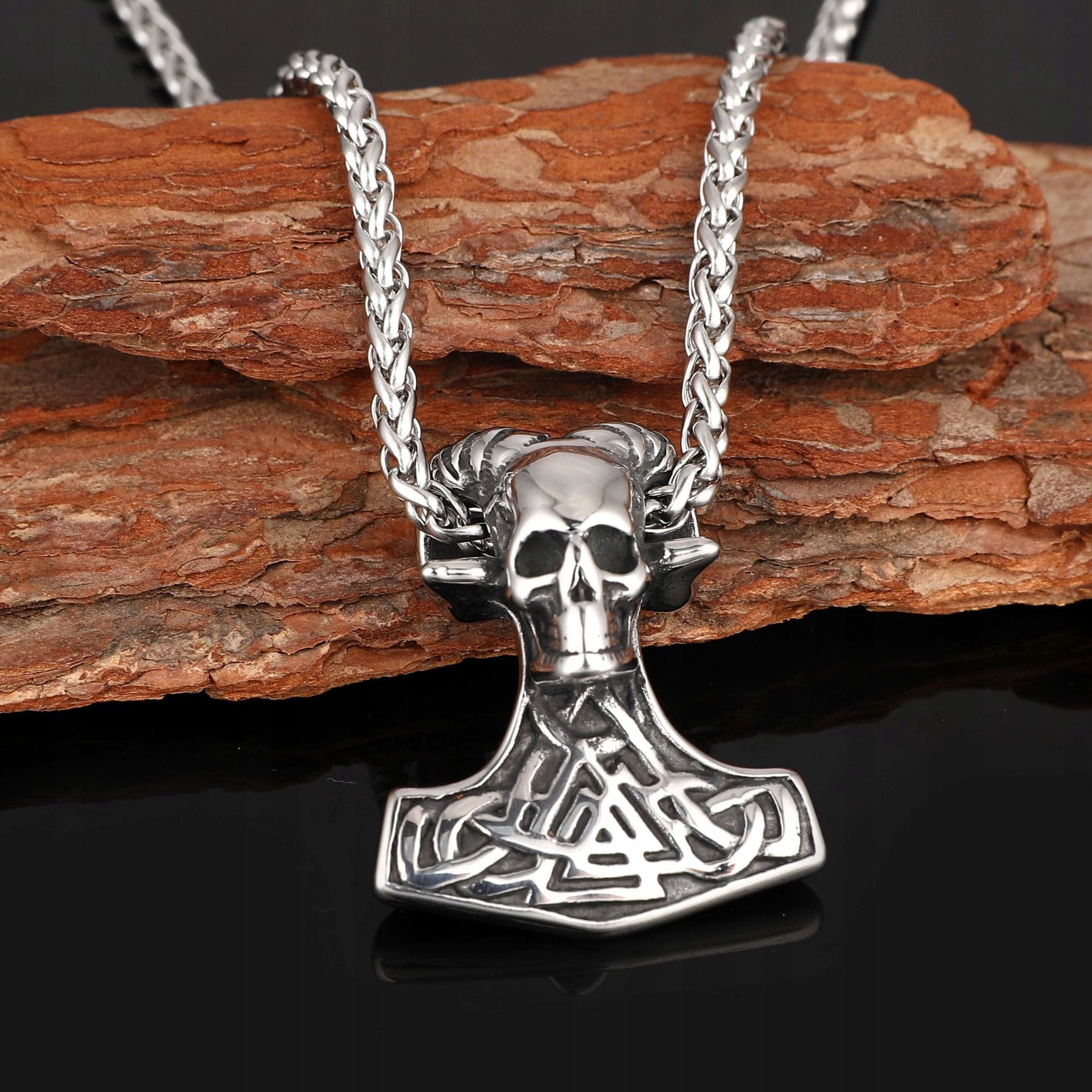 Srebrny Wisiorek Męski Mjolnir Z Czaszką Stal Kolekcja Wisiorek wikingów na prezent
