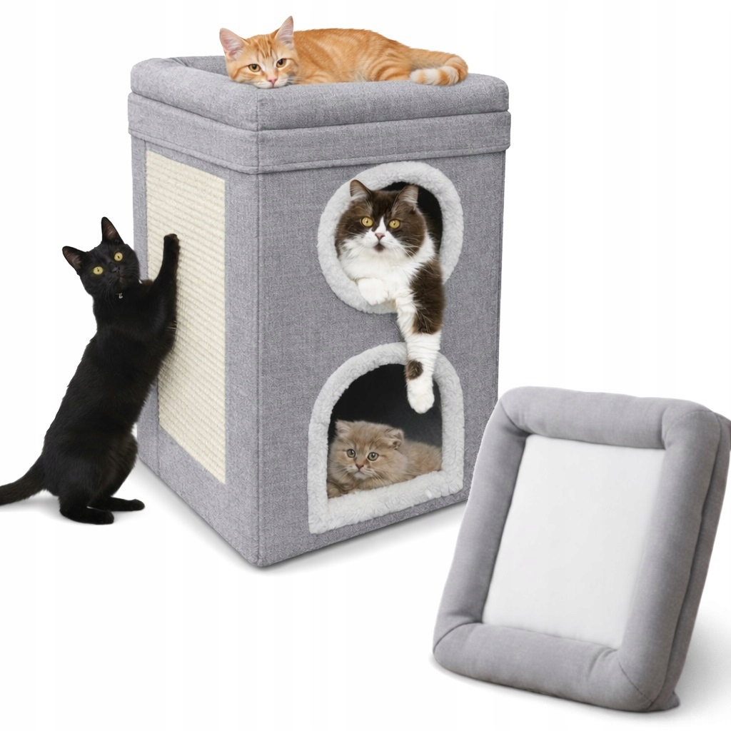 Kočičí domeček 3-ÚROVŇOVÝ Škrabadlo Pelíšek skládací šedý 65 cm Věž I043