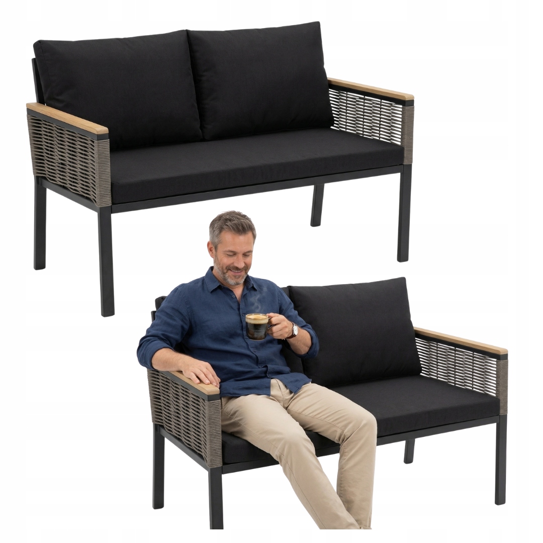 Kanapa Ogrodowa Aluminium Dwuosobowa Sofa Na Balkon Taras Czarna Poduszki