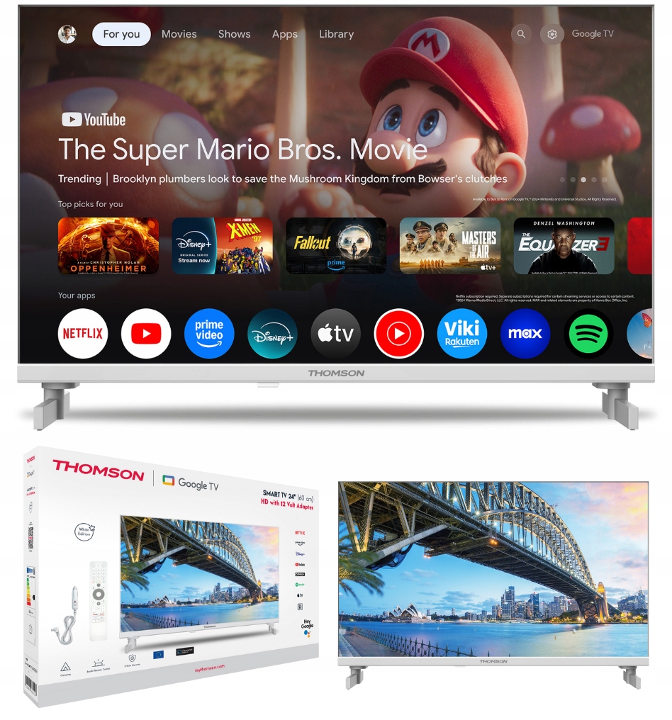 Biały Telewizor 12V Smart Tv Led 24 Thomson Google Tv Hdr DVB-T2 Do Kampera