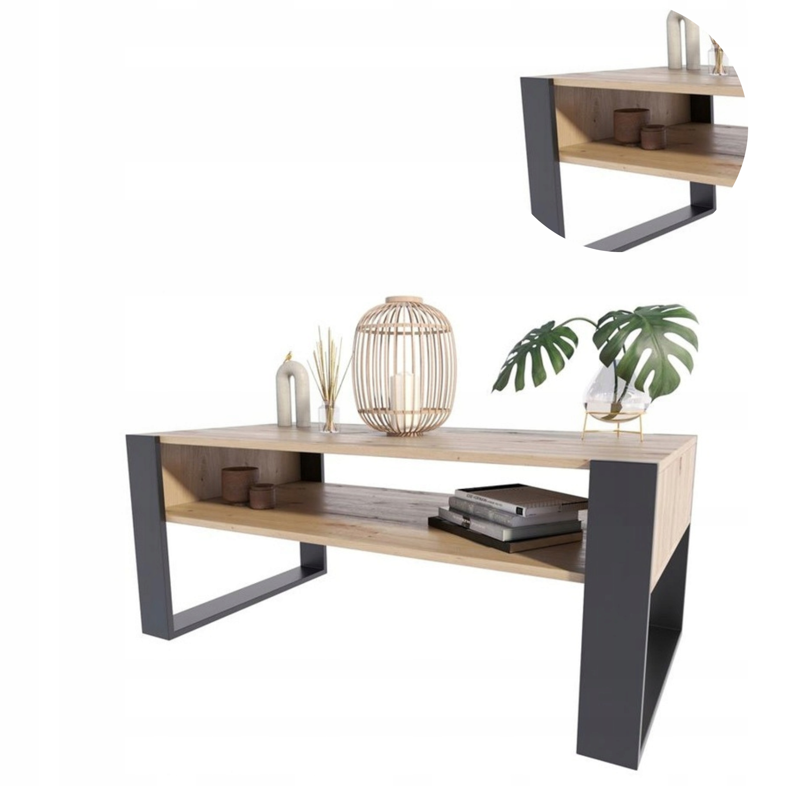 Lavica Kaja 120 cm artisan-čierna, moderný veľký konferenčný stolík s poličkou loft