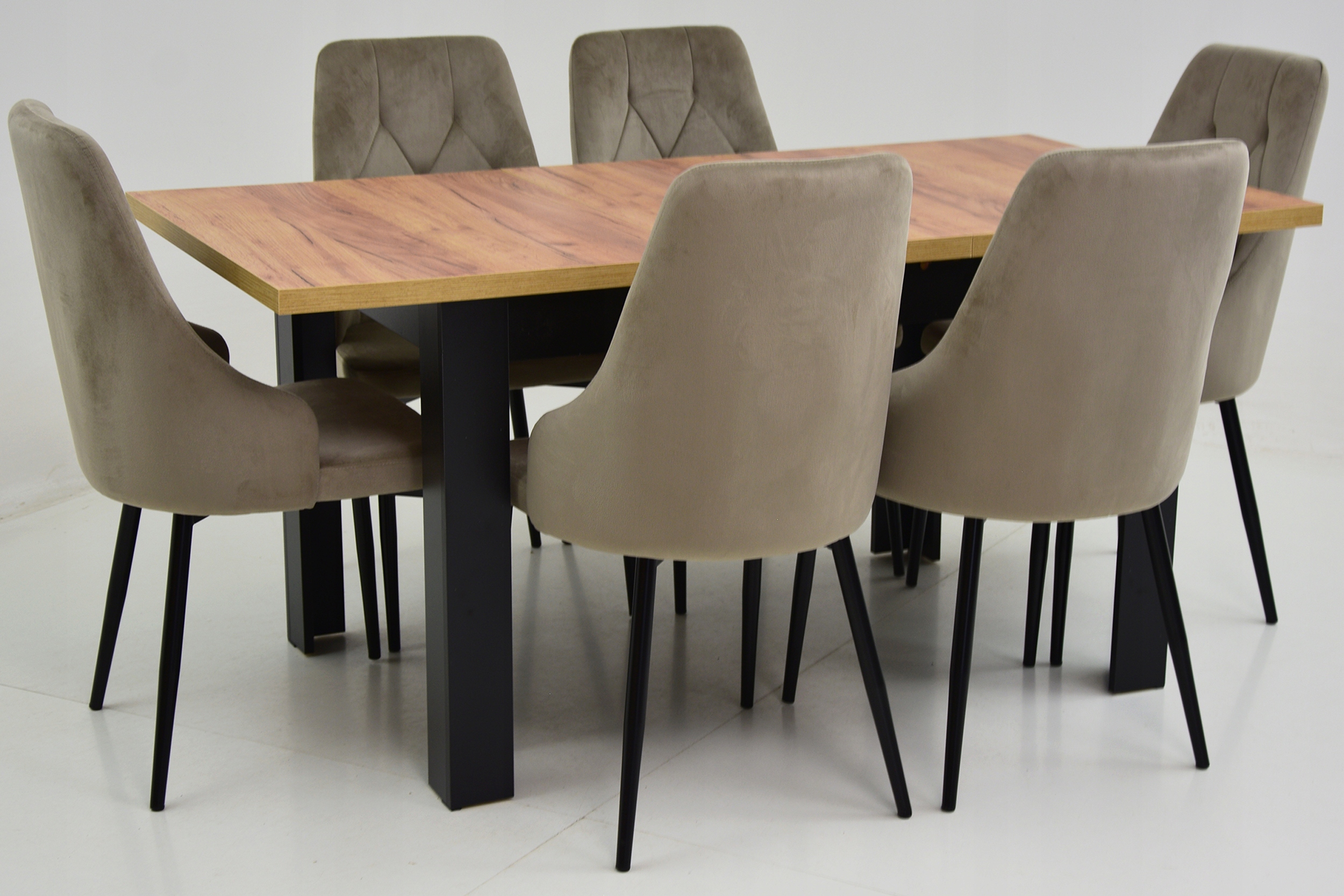 Zestaw 6 krzeseł TAPICEROWANYCH kubełkowych BEŻ i stół 80x120/160 DĄB CRAFT Długość stołu 120 cm