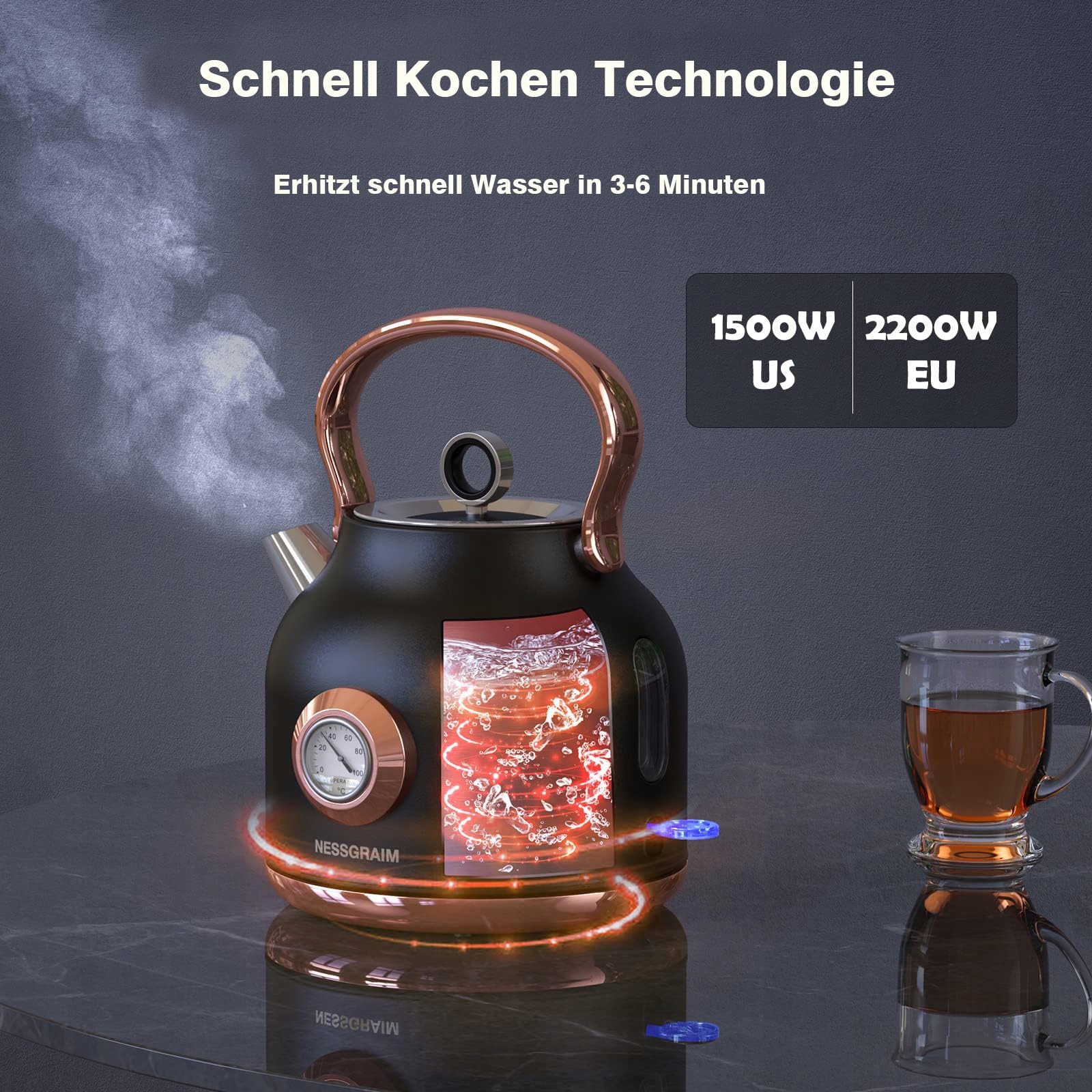NESSGRAIM Retro Czajnik Elektryczny 1,7L Stalowy 2200W LED Temp. Wskaźnik — miniatura 5