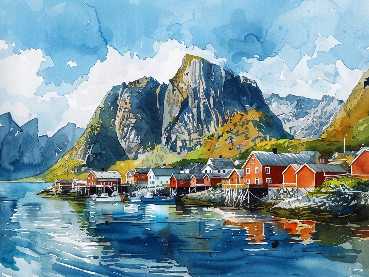 Obraz Na Plátně Canvas Norsko Fiordy Hory Lofoty Domky Akvarel 100x75