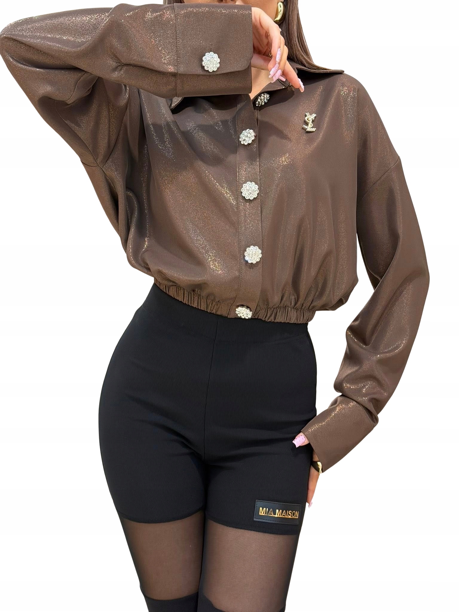 Dámská elegantní lesklá blingová košile Gossip Mia Maison čokoláda