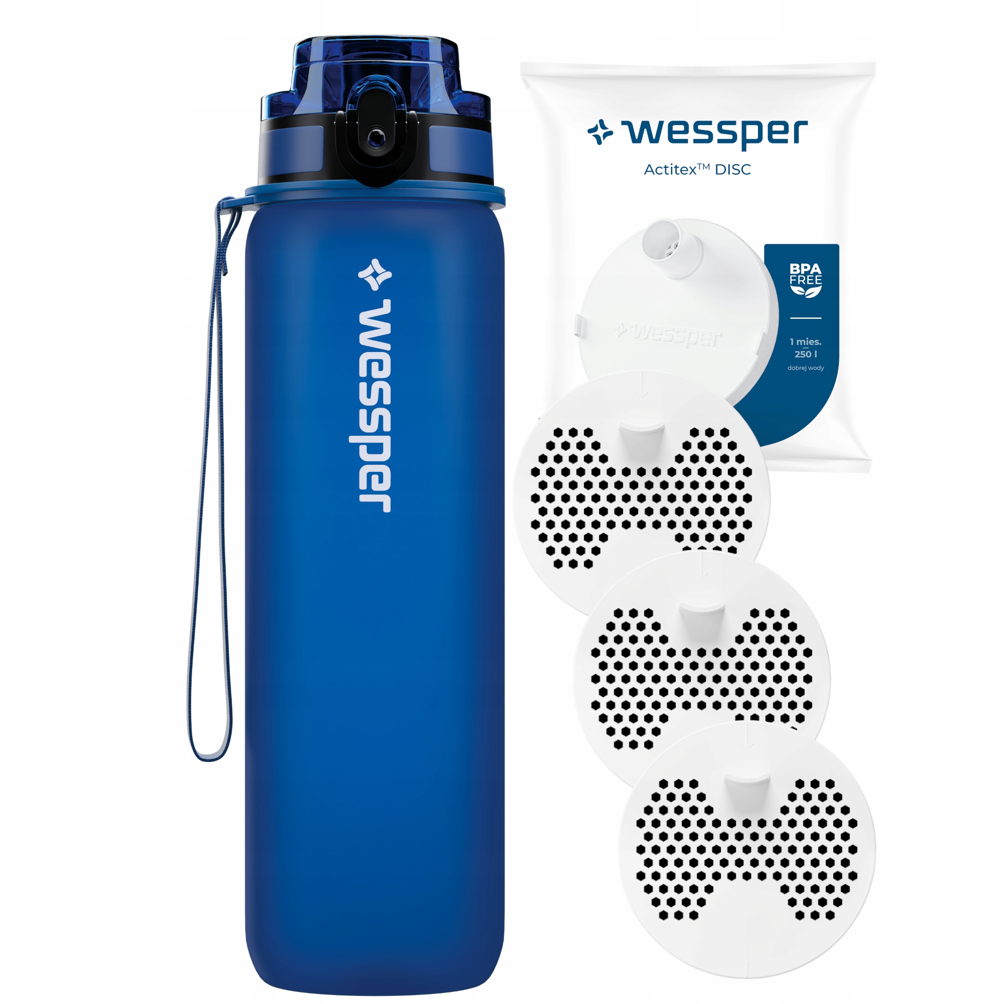 Butelka Tritanowa z miarką motywacyjną Wessper 1l 3x Filtr Actitex Disc