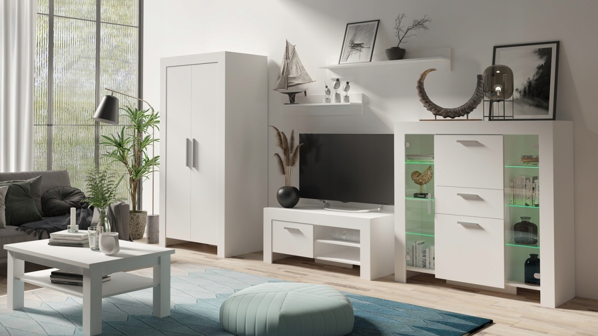 Witryna CEZAR 7, Witryna 130cm, LED, Biała Szerokość mebla 130 cm