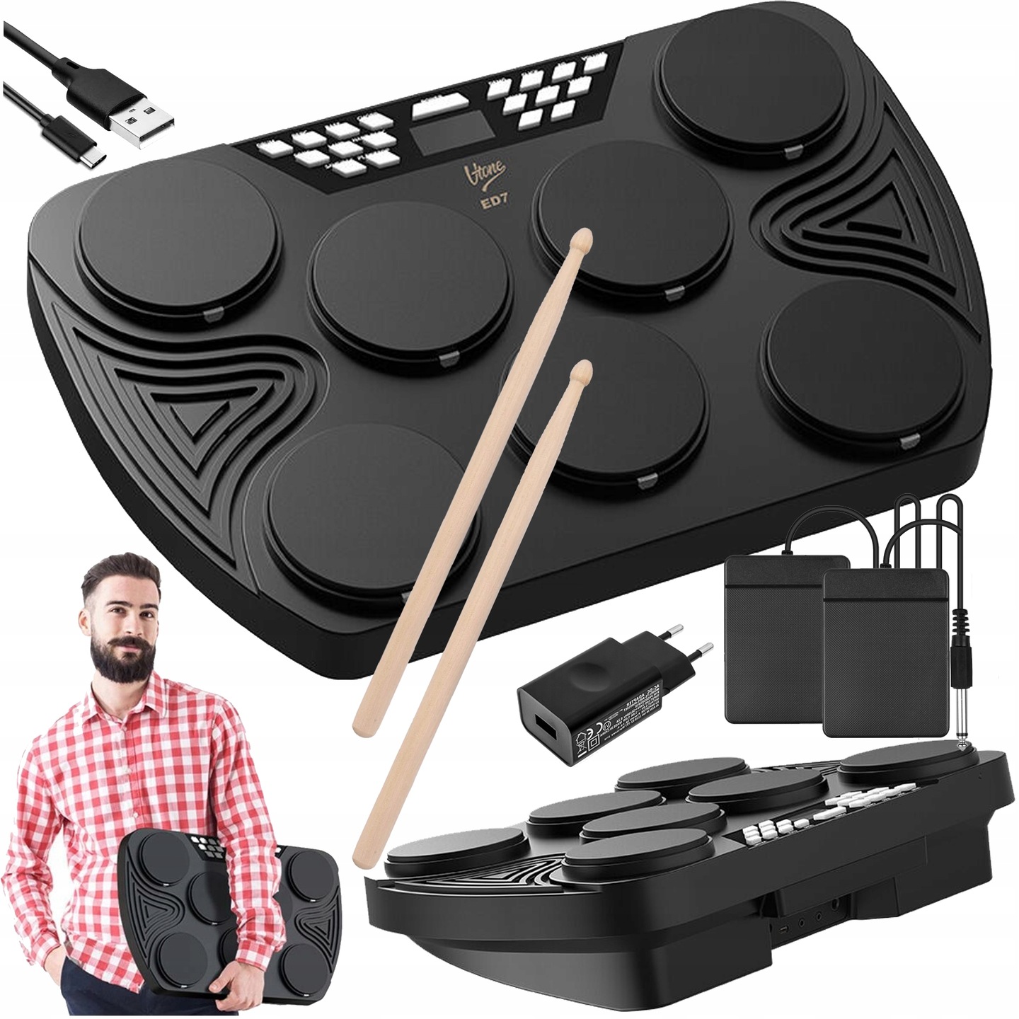 Přenosné elektronické bicí V-tone ED7 sada 7 padů, pedály, paličky