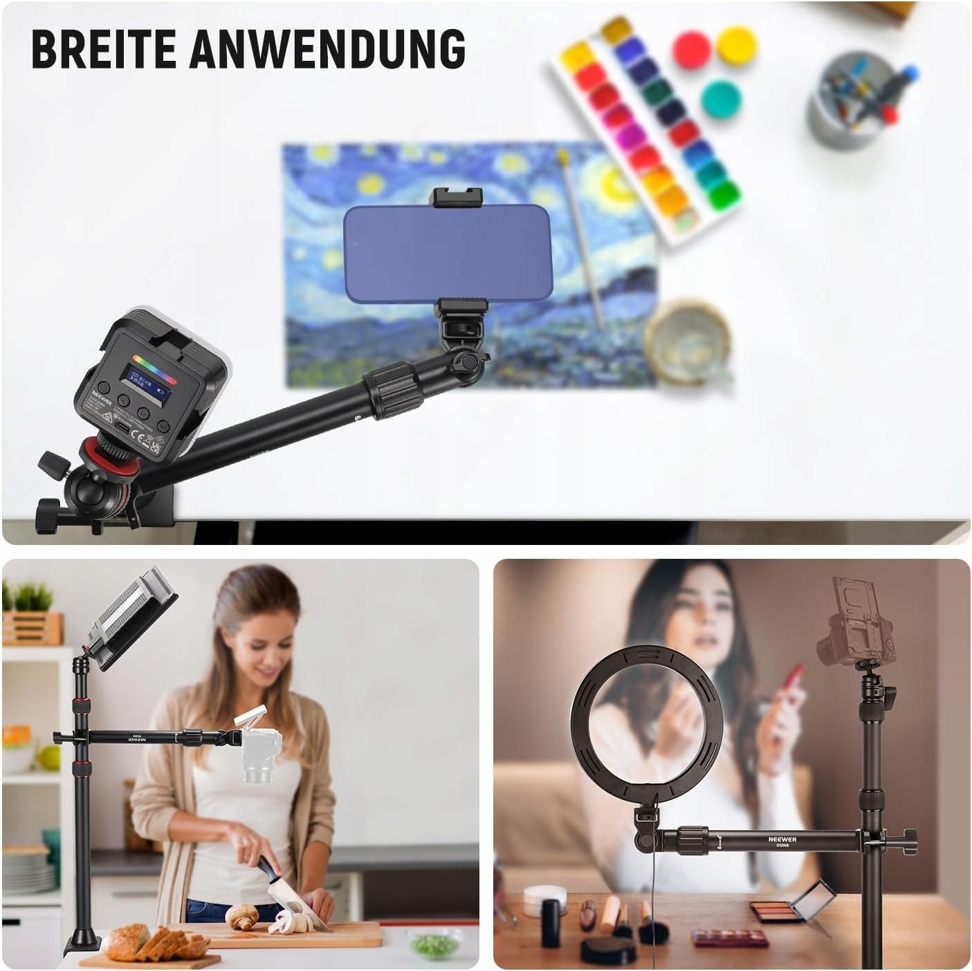 NEEWER Uchwyt Kamery Nad Glową Z Ramieniem Telefonu 56cm 180° 360° — miniatura 8