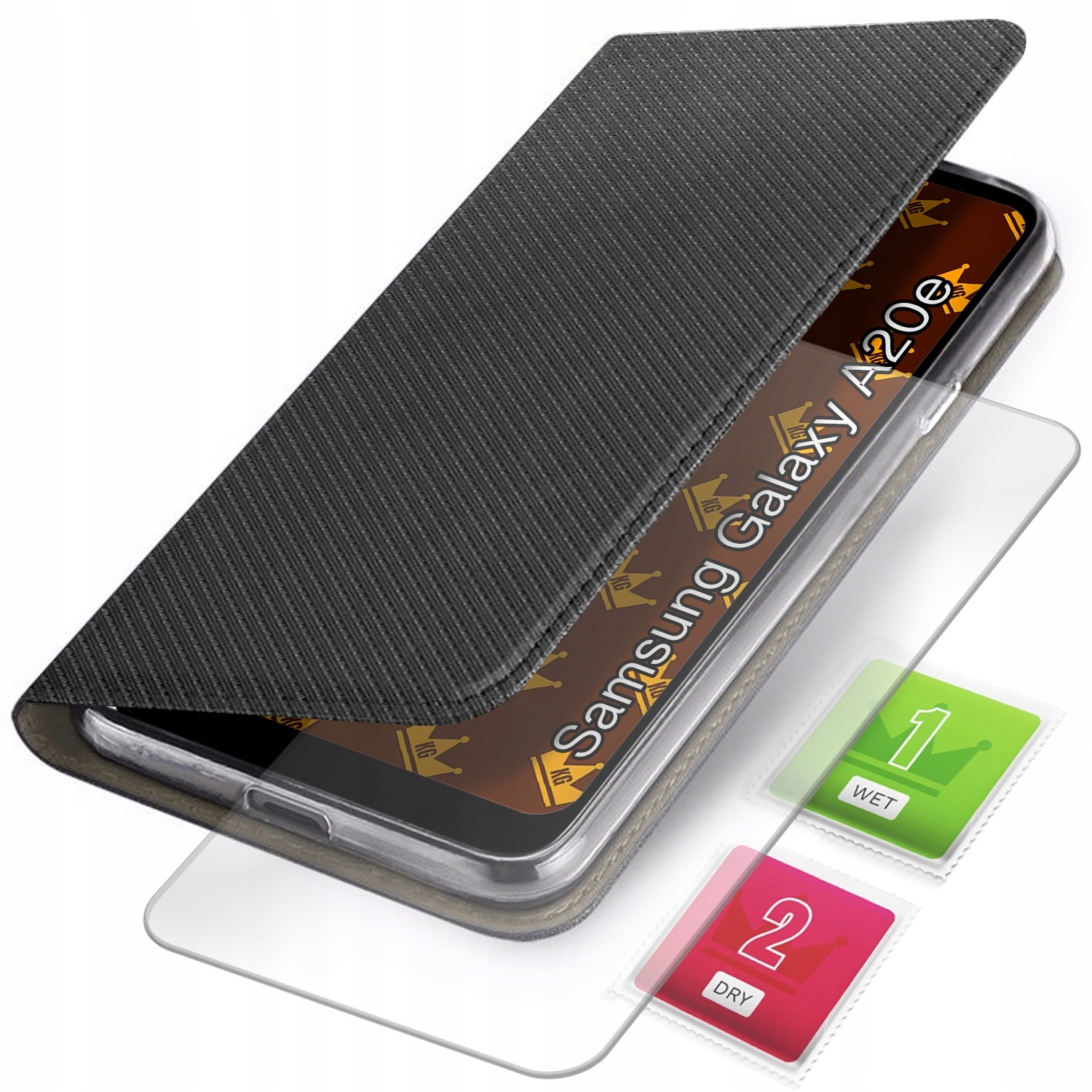 ETUI Z KLAPKĄ DO SAMSUNG GALAXY A20E CZARNE ZAMYKANE MAGNETYCZNE + SZKŁO 9H