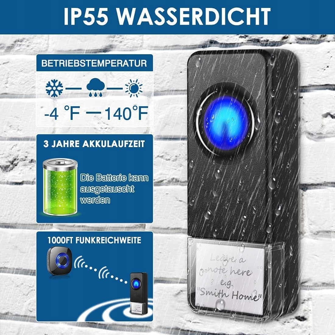 PHYSEN Zestaw Dzwonków Bezprzewodowych IP55 Wodoodporny 400M 58 Melodii — miniatura 4