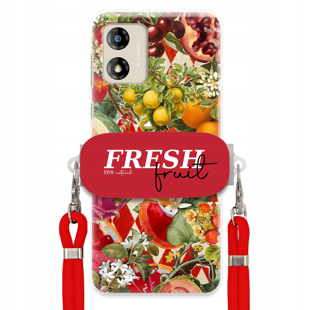 Puzdro pre Motorola E13 Červené Crossbody vodítko držiak Fresh Fruit Ovocné