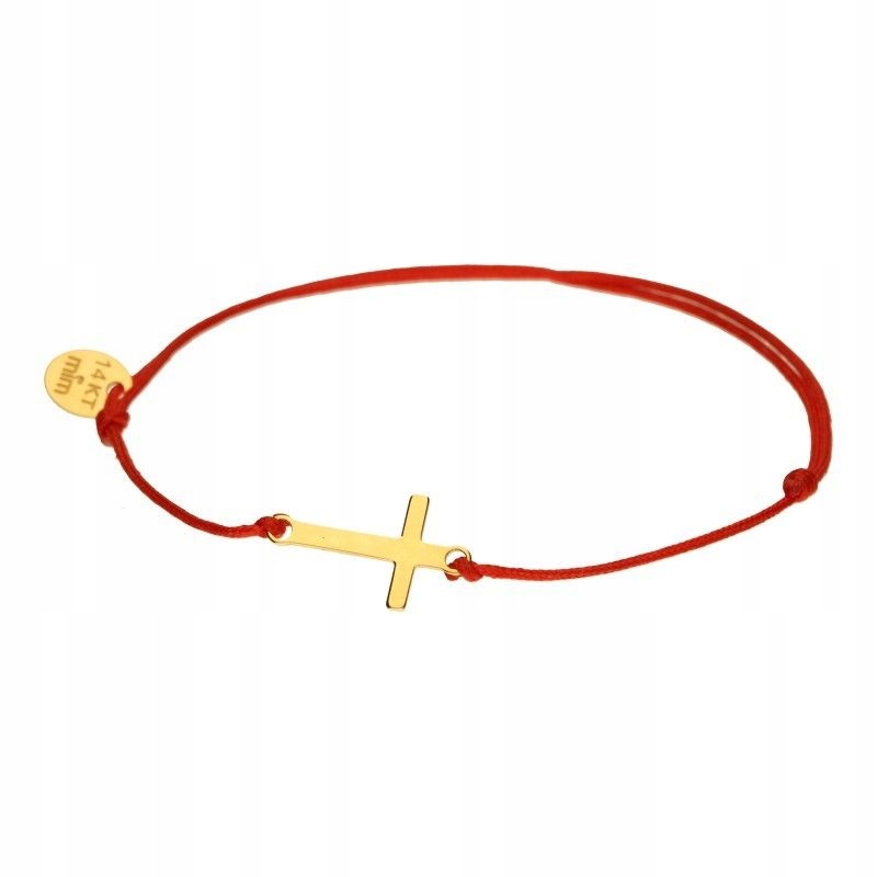 Zlatý náramek 585 celebrity na červeném provázku s nastavitelným křížkem